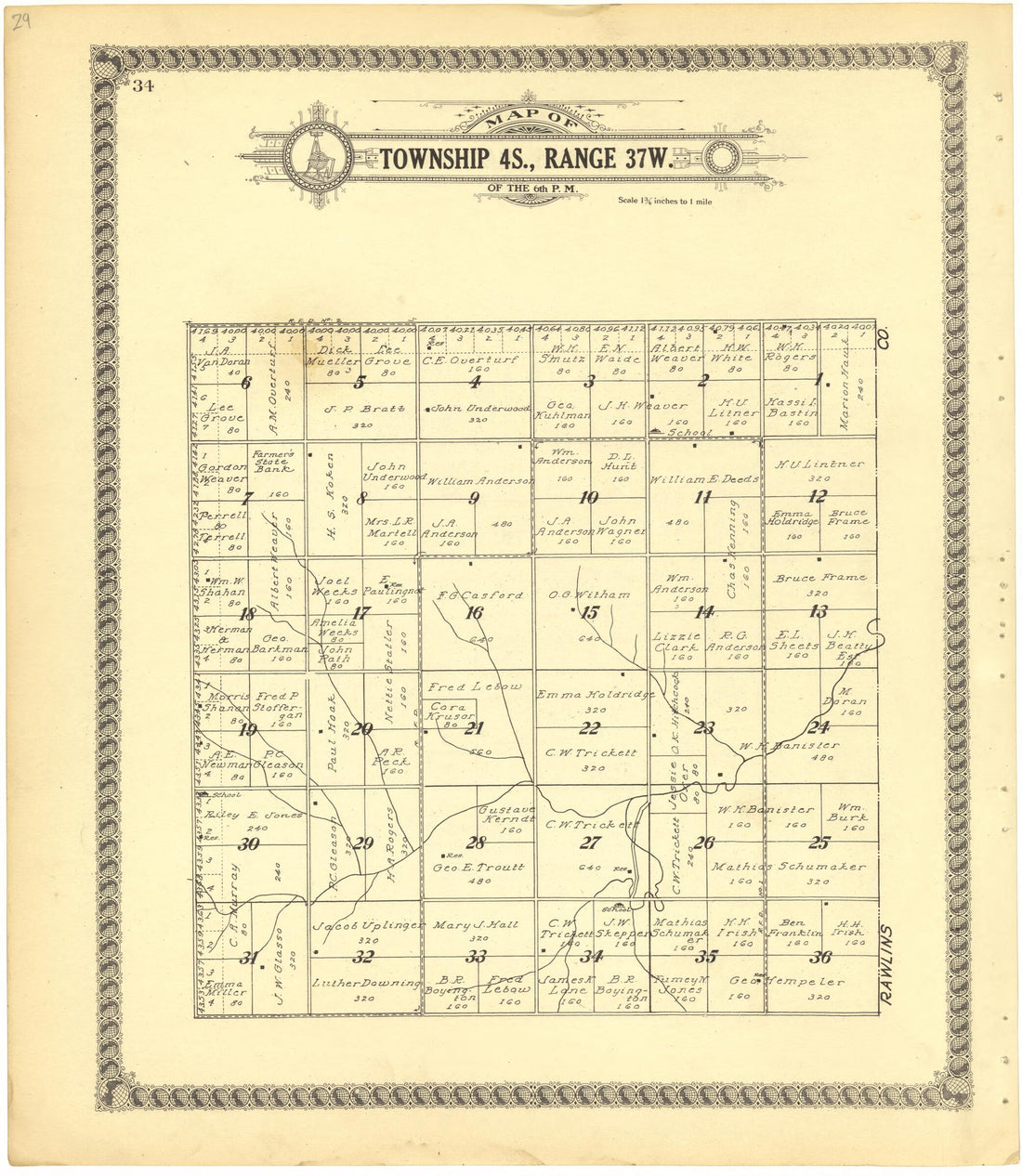 This old map of Map of Township 4S., Range 37W. of the 6th P.M. from Standard Atlas of Cheyenne County, Kansas from 1928 was created by  Brock &amp; Company in 1928