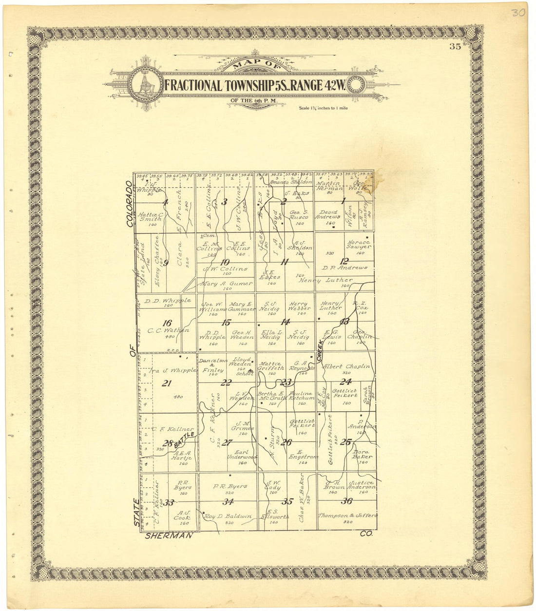 This old map of Map of Fractional Township 5S., Range 42W. of the 6th P.M. from Standard Atlas of Cheyenne County, Kansas from 1928 was created by  Brock &amp; Company in 1928