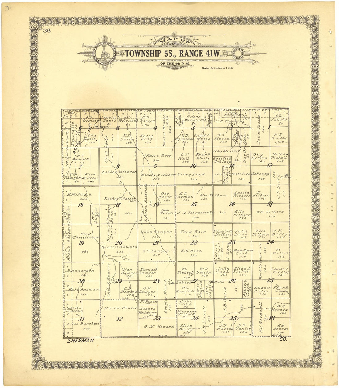 This old map of Map of Township 5S., Range 41W. of the 6th P.M. from Standard Atlas of Cheyenne County, Kansas from 1928 was created by  Brock &amp; Company in 1928