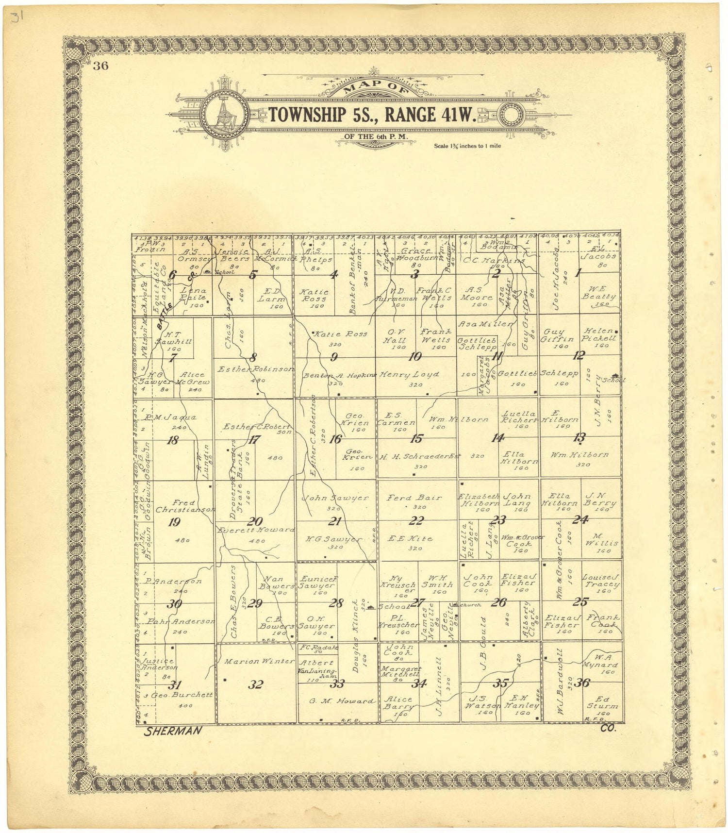 This old map of Map of Township 5S., Range 41W. of the 6th P.M. from Standard Atlas of Cheyenne County, Kansas from 1928 was created by  Brock &amp; Company in 1928