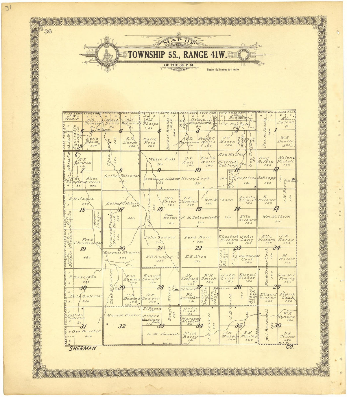 Map of Township 5S., Range 41W. of the 6th P.M. from Standard Atlas of Cheyenne County, Kansas 1928 by Relic Map Company