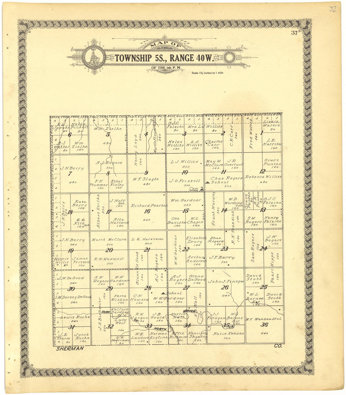 This old map of Map of Township 5S., Range 40W. of the 6th P.M. from Standard Atlas of Cheyenne County, Kansas from 1928 was created by  Brock &amp; Company in 1928