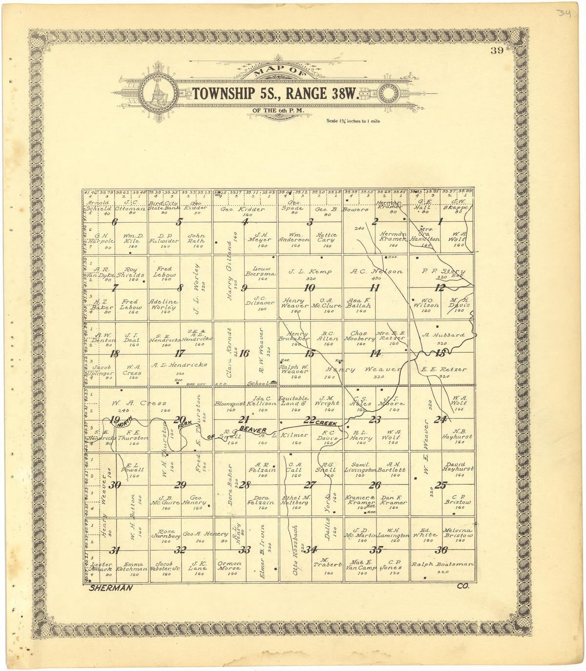 Map of Township 5S., Range 38W. of the 6th P.M. from Standard Atlas of Cheyenne County, Kansas 1928 by Relic Map Company