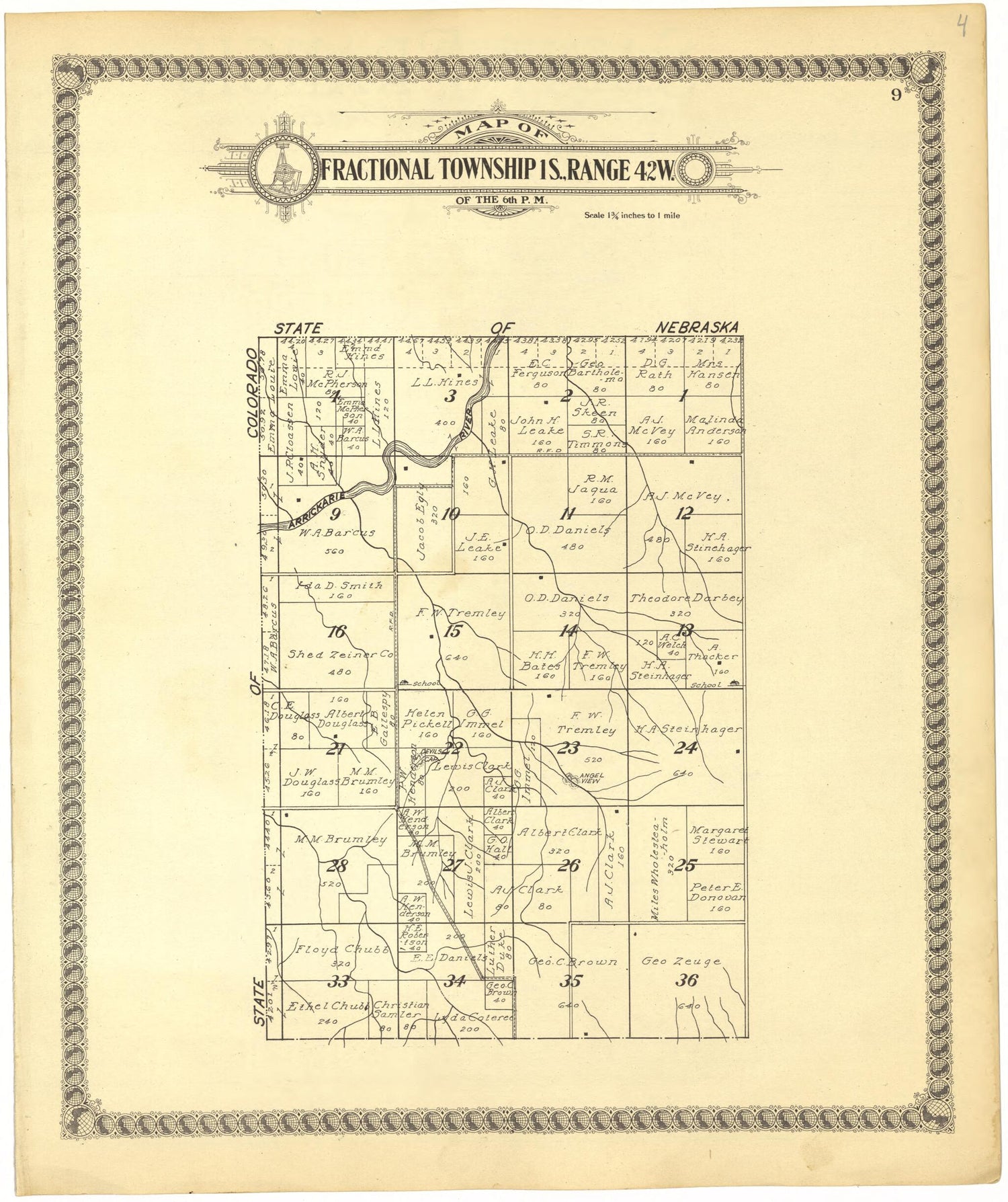 This old map of Map of Fractional Township 1S., Range 42W. of the 6th P.M. from Standard Atlas of Cheyenne County, Kansas from 1928 was created by  Brock &amp; Company in 1928