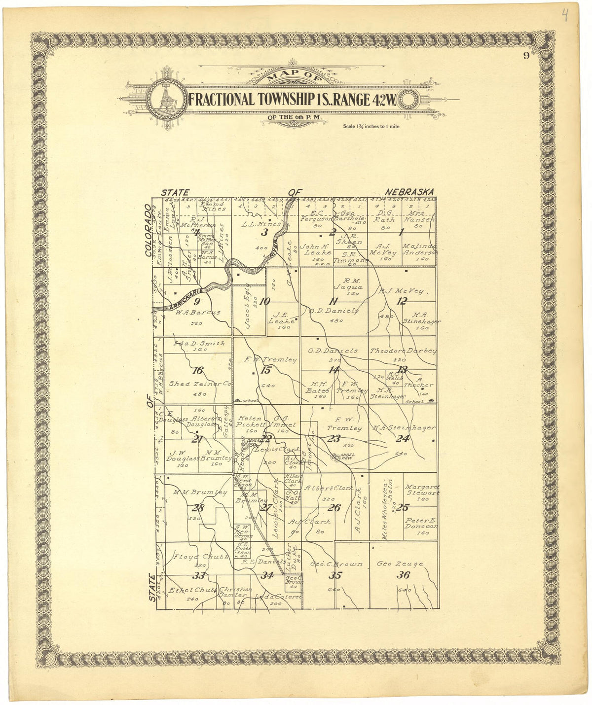 Map of Fractional Township 1S., Range 42W. of the 6th P.M. from Standard Atlas of Cheyenne County, Kansas 1928 by Relic Map Company