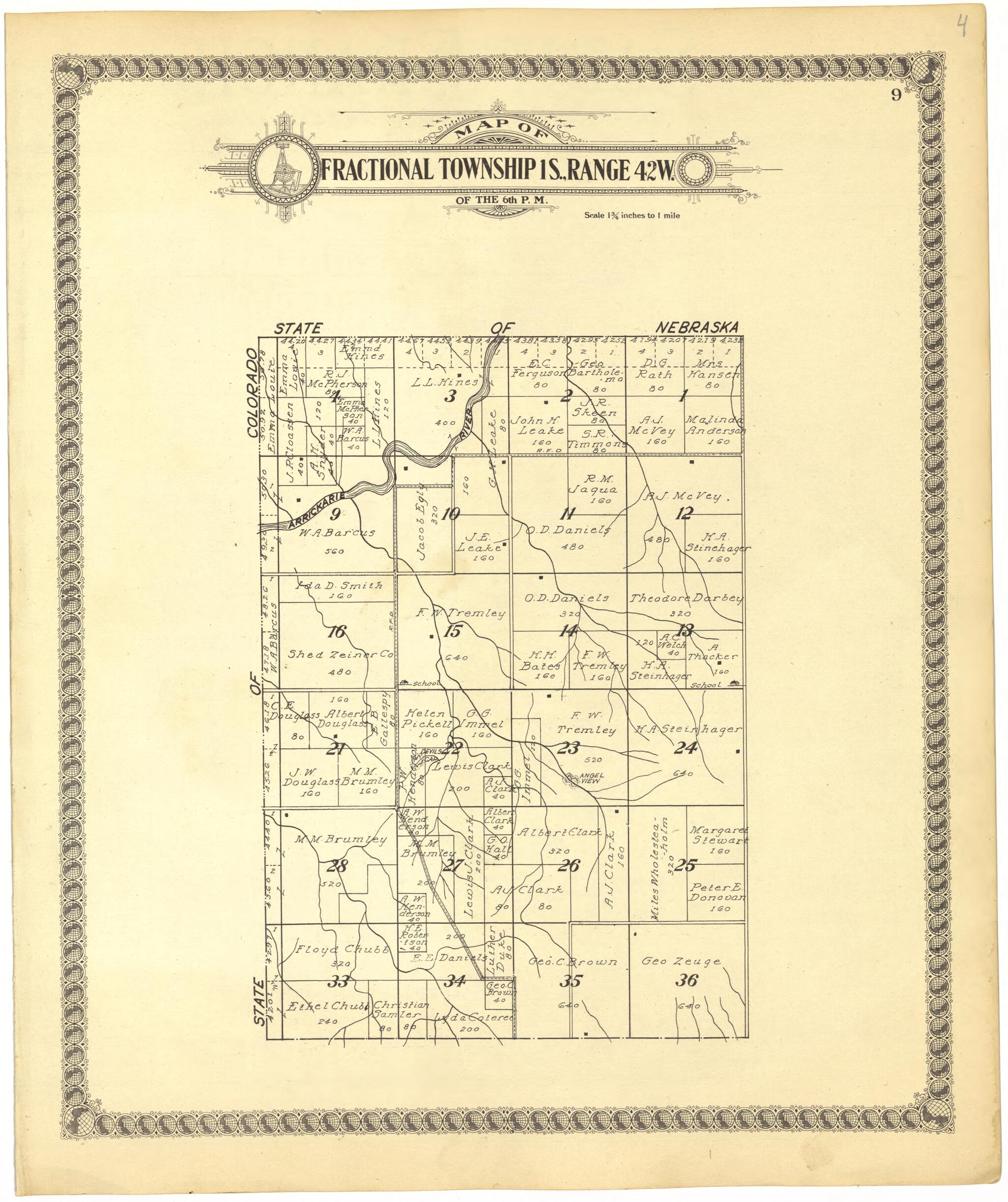 This old map of Map of Fractional Township 1S., Range 42W. of the 6th P.M. from Standard Atlas of Cheyenne County, Kansas from 1928 was created by  Brock &amp; Company in 1928