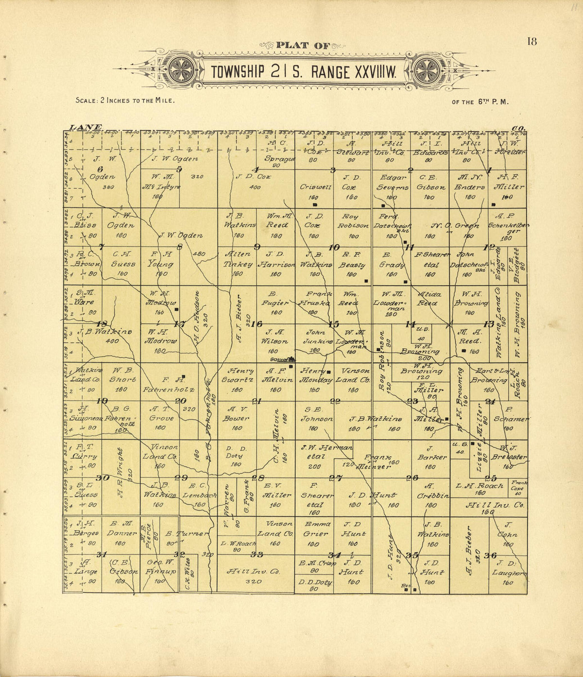 Plat of Township 21 S. Range XXVIII W. from Plat Book of Finney County, Kansas 1911 by Relic Map Company