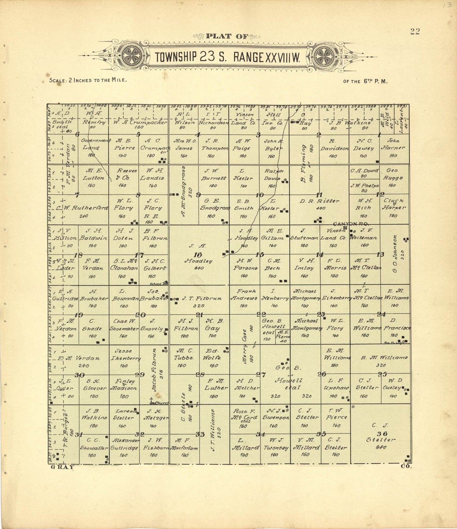 This old map of Plat of Township 23 S. Range XXVIII W. from Plat Book of Finney County, Kansas from 1911 was created by Kan.) Western Publishing Co. (Ashland in 1911