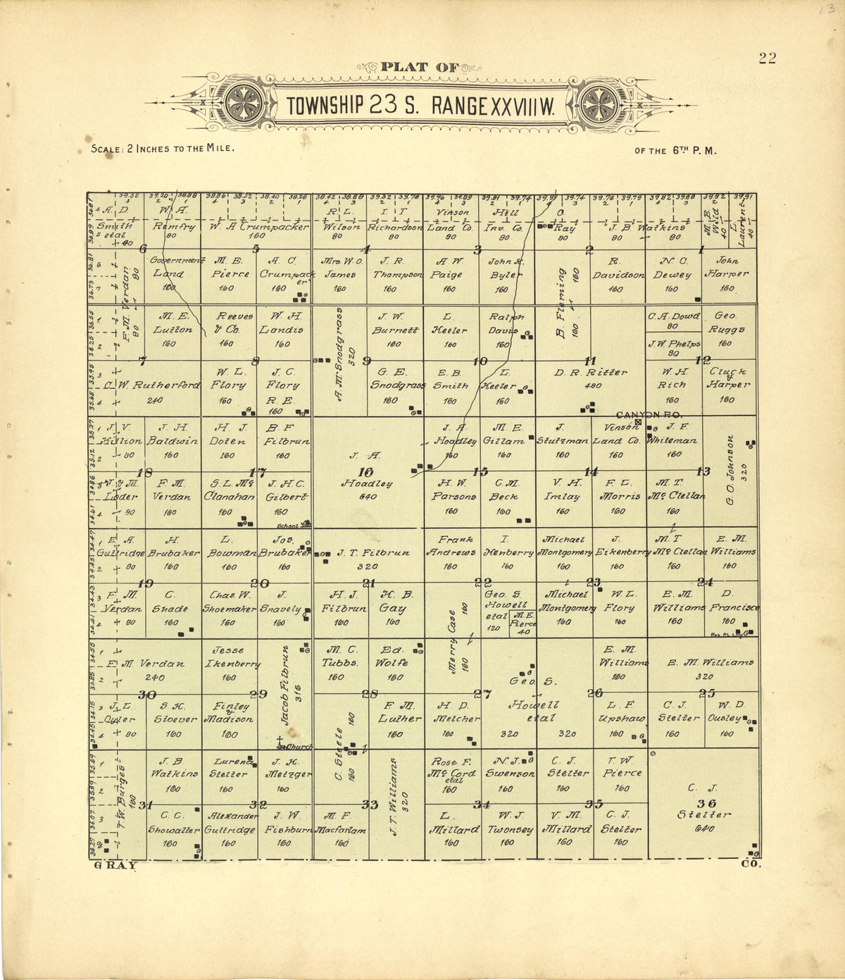 Plat of Township 23 S. Range XXVIII W. from Plat Book of Finney County, Kansas 1911 by Relic Map Company