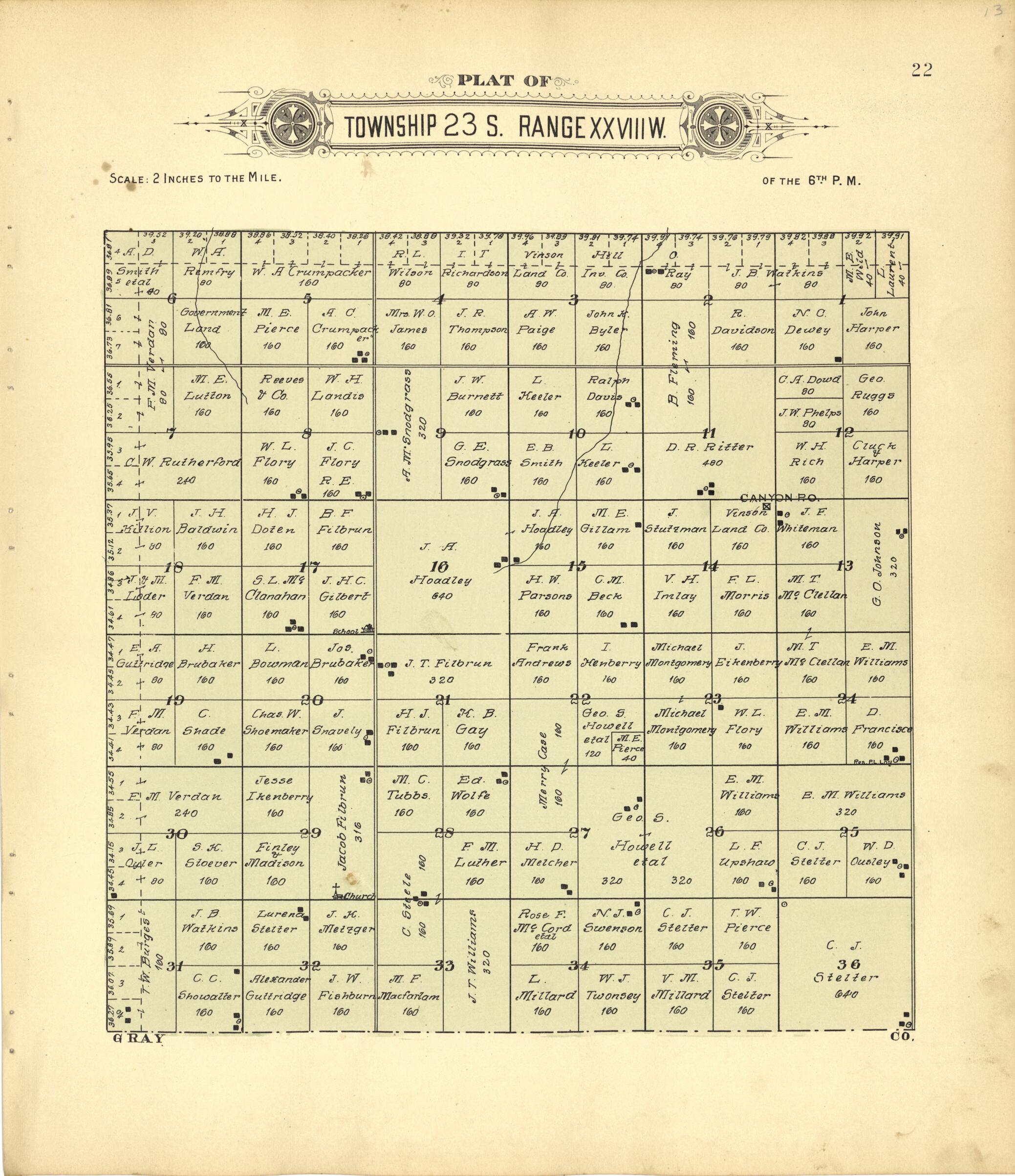 This old map of Plat of Township 23 S. Range XXVIII W. from Plat Book of Finney County, Kansas from 1911 was created by Kan.) Western Publishing Co. (Ashland in 1911