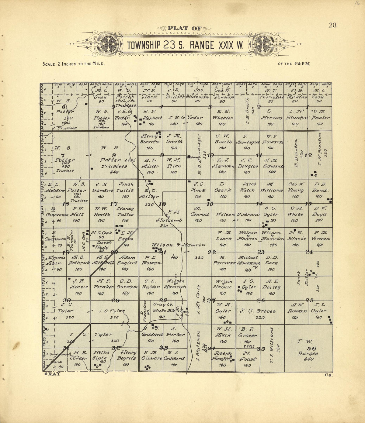 Plat of Township 23 S. Range XXIX W. from Plat Book of Finney County, Kansas 1911 by Relic Map Company