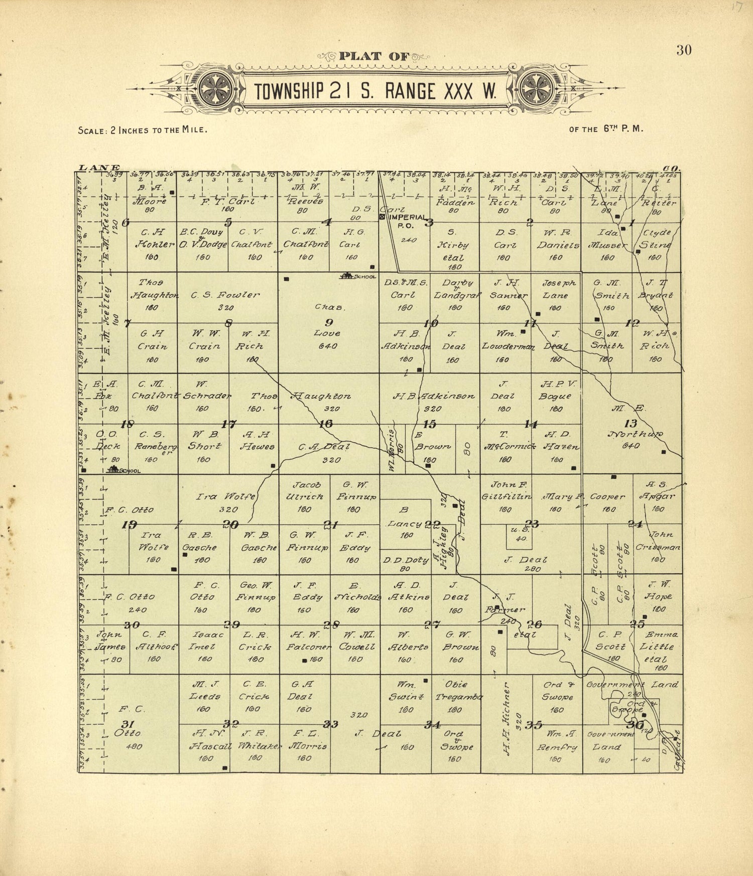 This old map of Plat of Township 21 S. Range XXX W. from Plat Book of Finney County, Kansas from 1911 was created by Kan.) Western Publishing Co. (Ashland in 1911