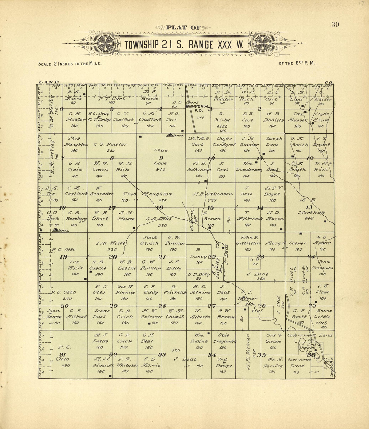 Plat of Township 21 S. Range XXX W. from Plat Book of Finney County, Kansas 1911 by Relic Map Company