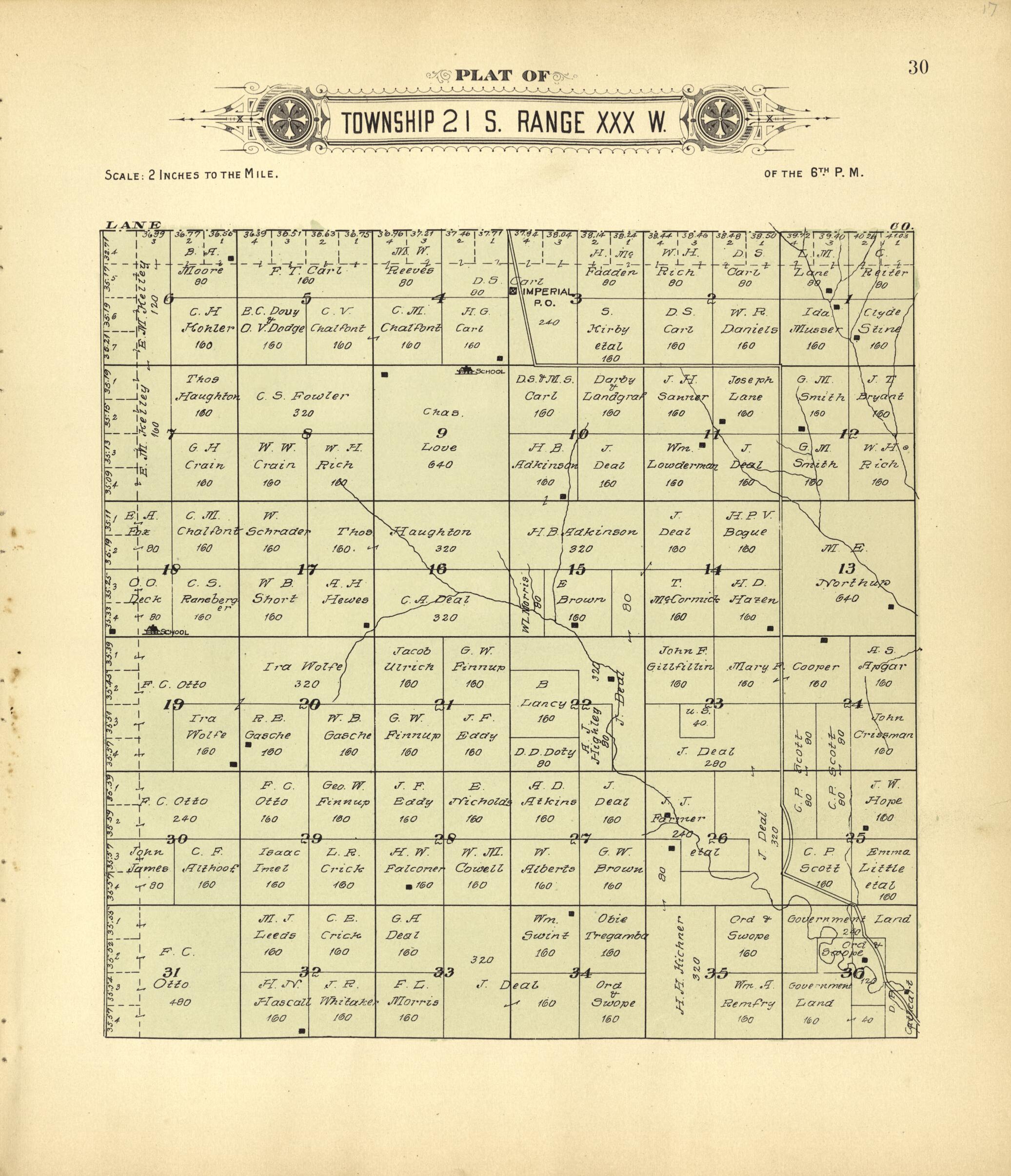 This old map of Plat of Township 21 S. Range XXX W. from Plat Book of Finney County, Kansas from 1911 was created by Kan.) Western Publishing Co. (Ashland in 1911