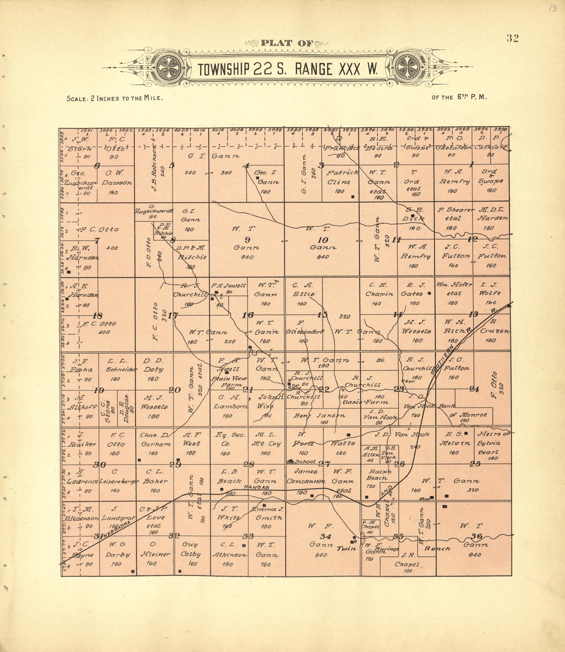 This old map of Plat of Township 22 S. Range XXX W. from Plat Book of Finney County, Kansas from 1911 was created by Kan.) Western Publishing Co. (Ashland in 1911