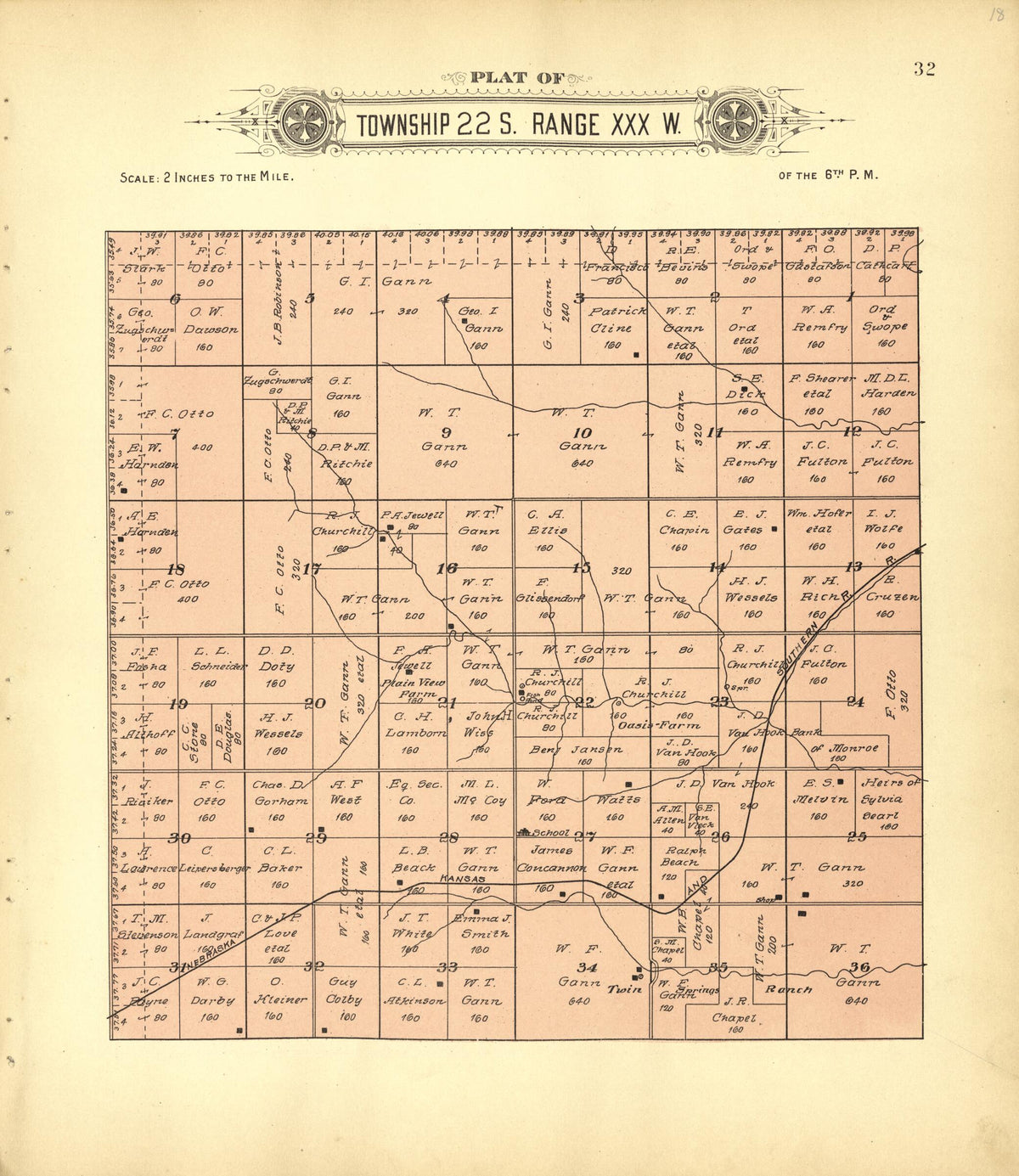 Plat of Township 22 S. Range XXX W. from Plat Book of Finney County, Kansas 1911 by Relic Map Company