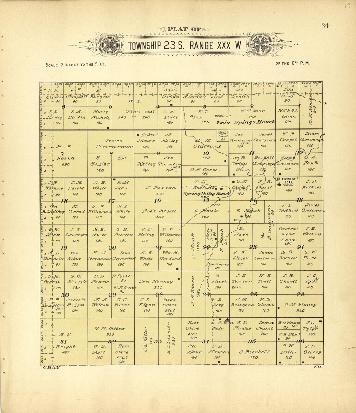 Plat of Township 23 S. Range XXX W. from Plat Book of Finney County, Kansas 1911 by Relic Map Company