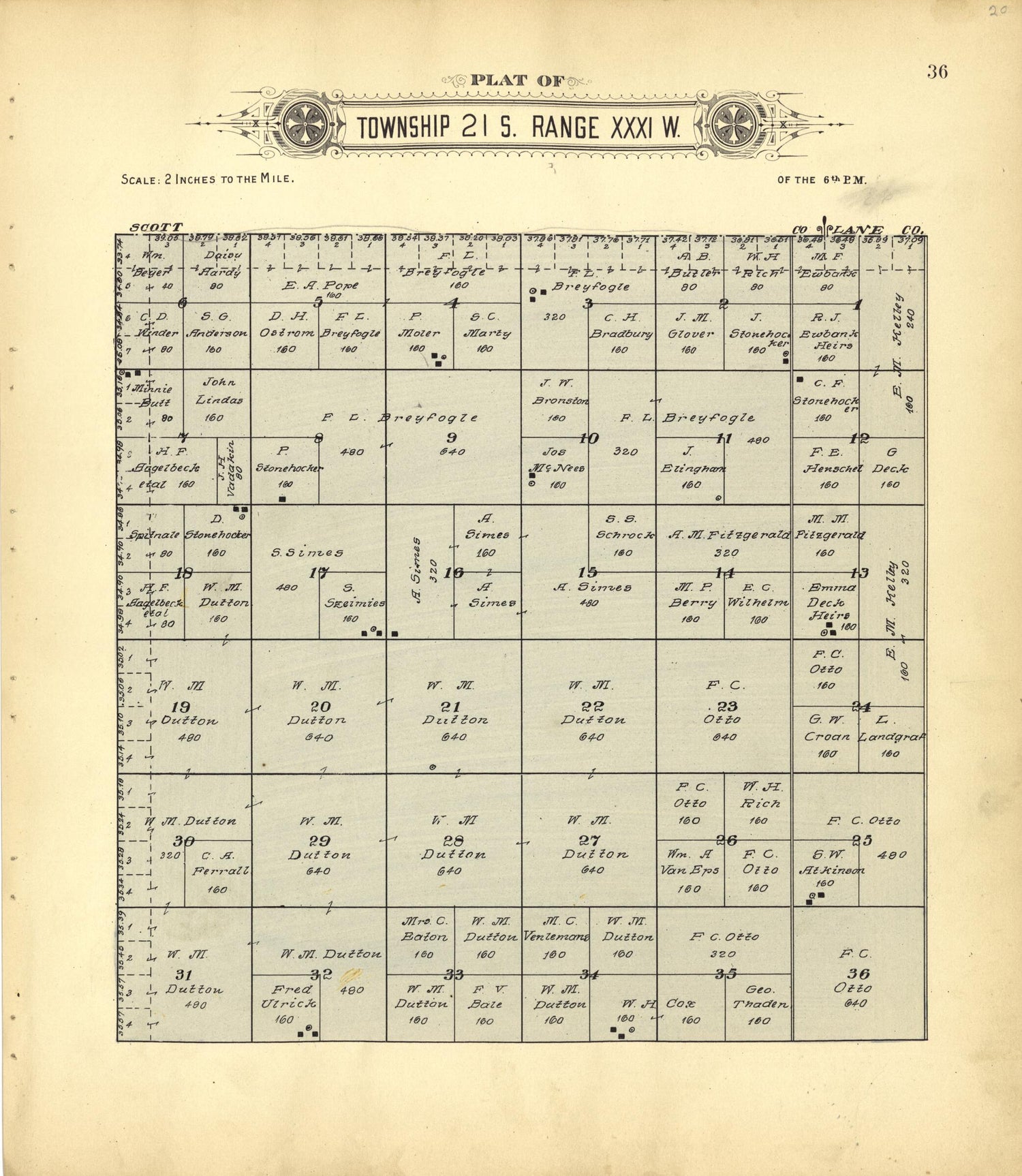 This old map of Plat of Township 21 S. Range XXXI W. from Plat Book of Finney County, Kansas from 1911 was created by Kan.) Western Publishing Co. (Ashland in 1911