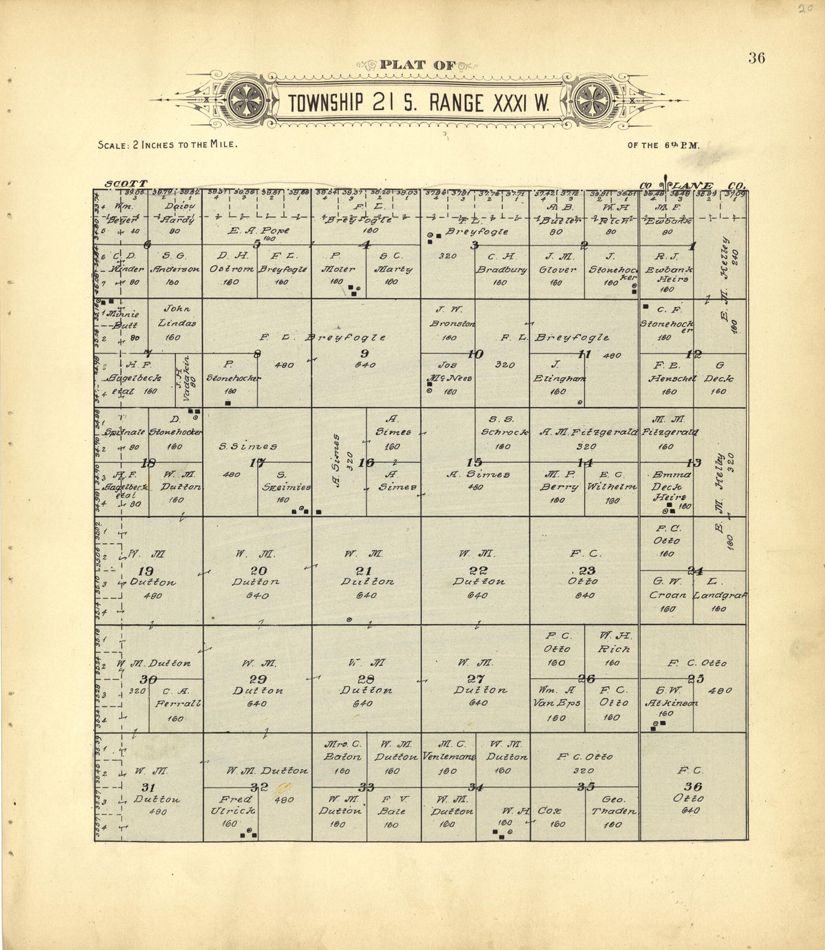 Plat of Township 21 S. Range XXXI W. from Plat Book of Finney County, Kansas 1911 by Relic Map Company