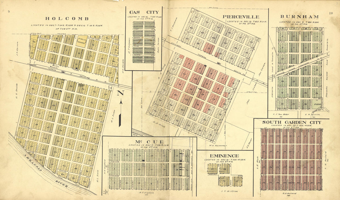 This old map of Holcomb, Gas City, Pierceville, Burnham, McCue, Eminence, So. Garden City from Plat Book of Finney County, Kansas from 1911 was created by Kan.) Western Publishing Co. (Ashland in 1911