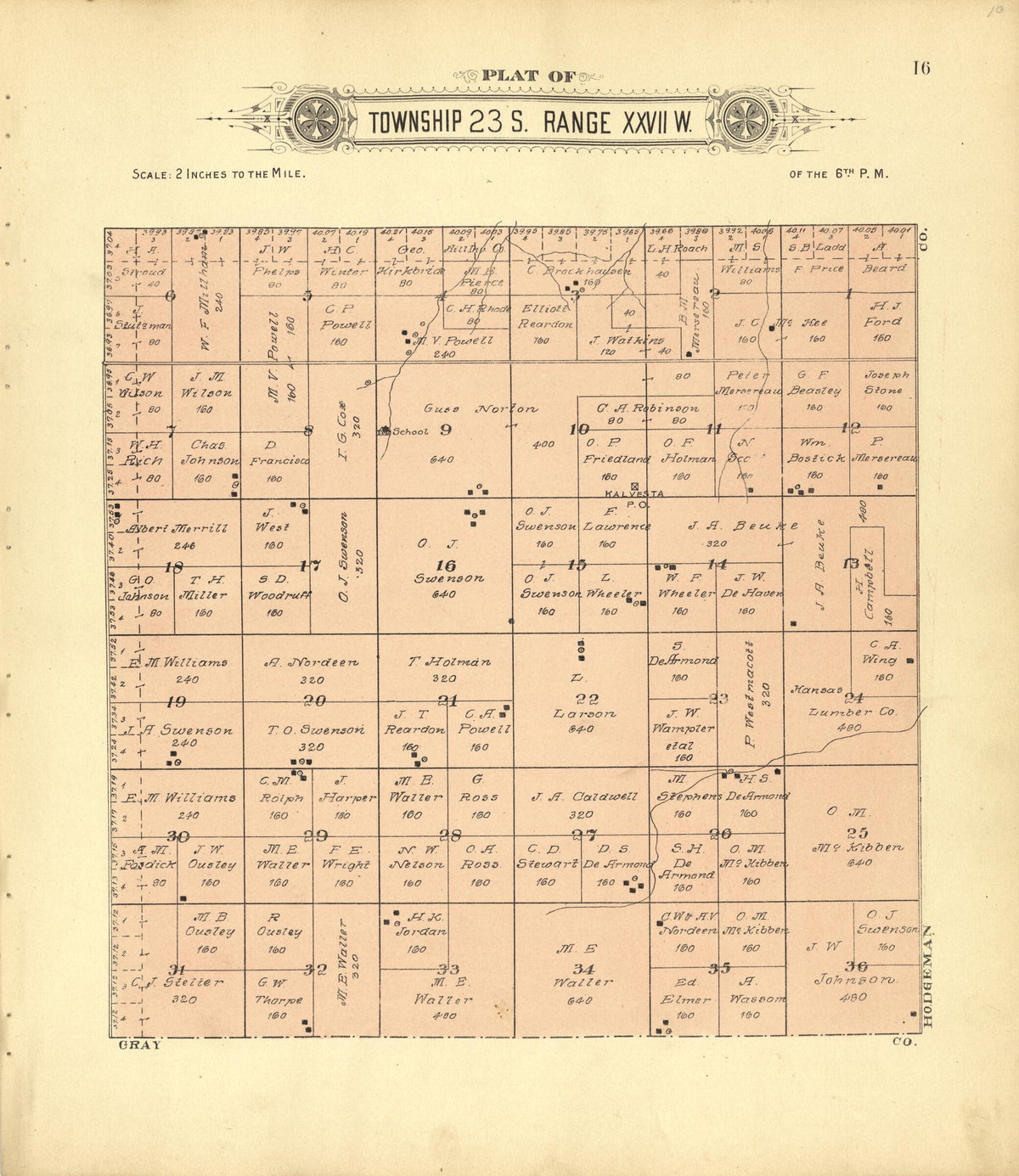 Plat of Township 23 S. Range XXVII W. from Plat Book of Finney County, Kansas 1911 by Relic Map Company