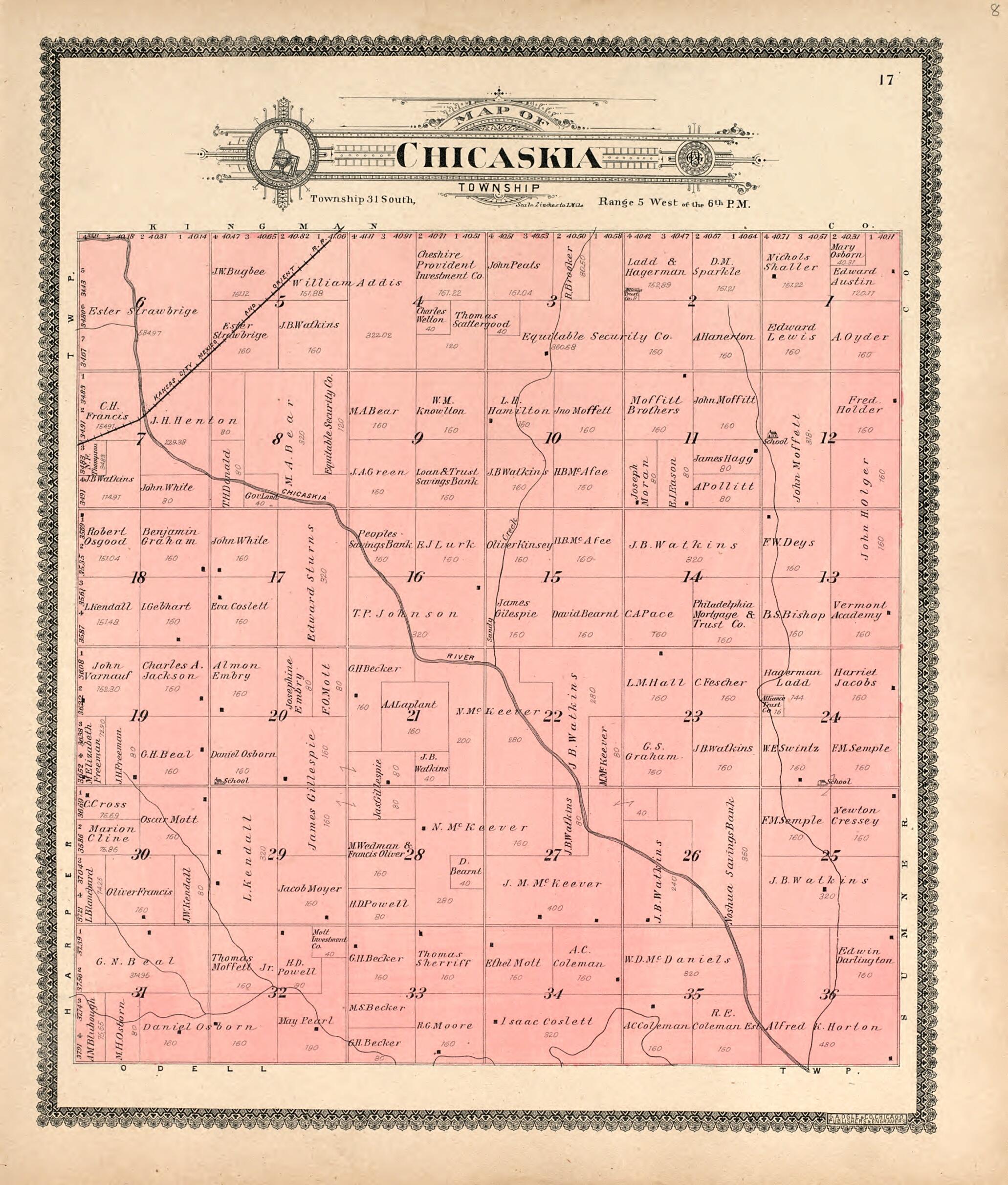 This old map of Chikaskia Township from Standard Atlas of Harper County, Kansas from 1902 was created by  Geo. A. Ogle &amp; Co in 1902