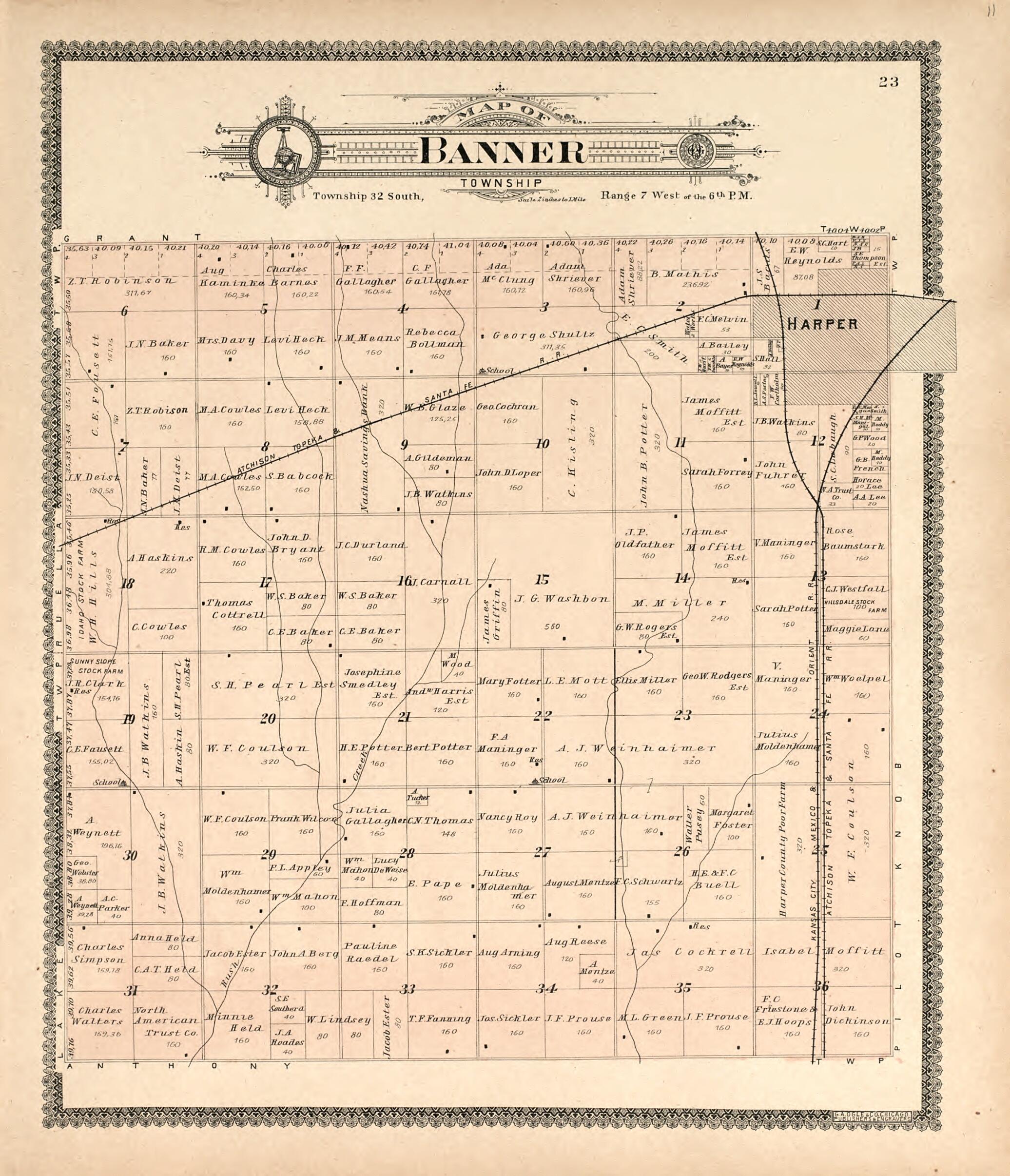 This old map of Map of Banner Township from Standard Atlas of Harper County, Kansas from 1902 was created by  Geo. A. Ogle &amp; Co in 1902