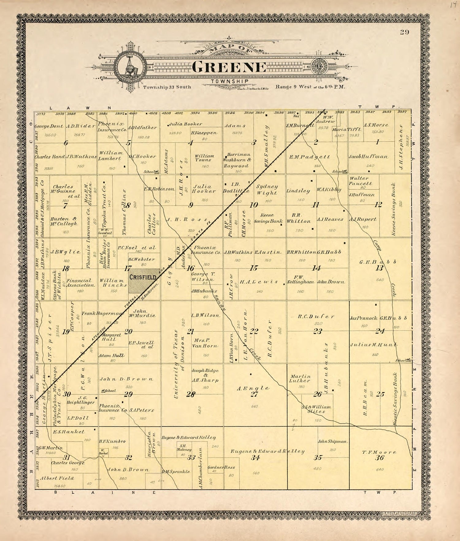 This old map of Map of Greene Township from Standard Atlas of Harper County, Kansas from 1902 was created by  Geo. A. Ogle &amp; Co in 1902