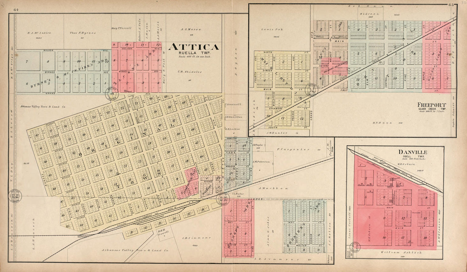 This old map of Attica, Ruella Twp.; Freeport, Silver Creek Twp.; Danville, Odelle Twp. from Standard Atlas of Harper County, Kansas from 1902 was created by  Geo. A. Ogle &amp; Co in 1902