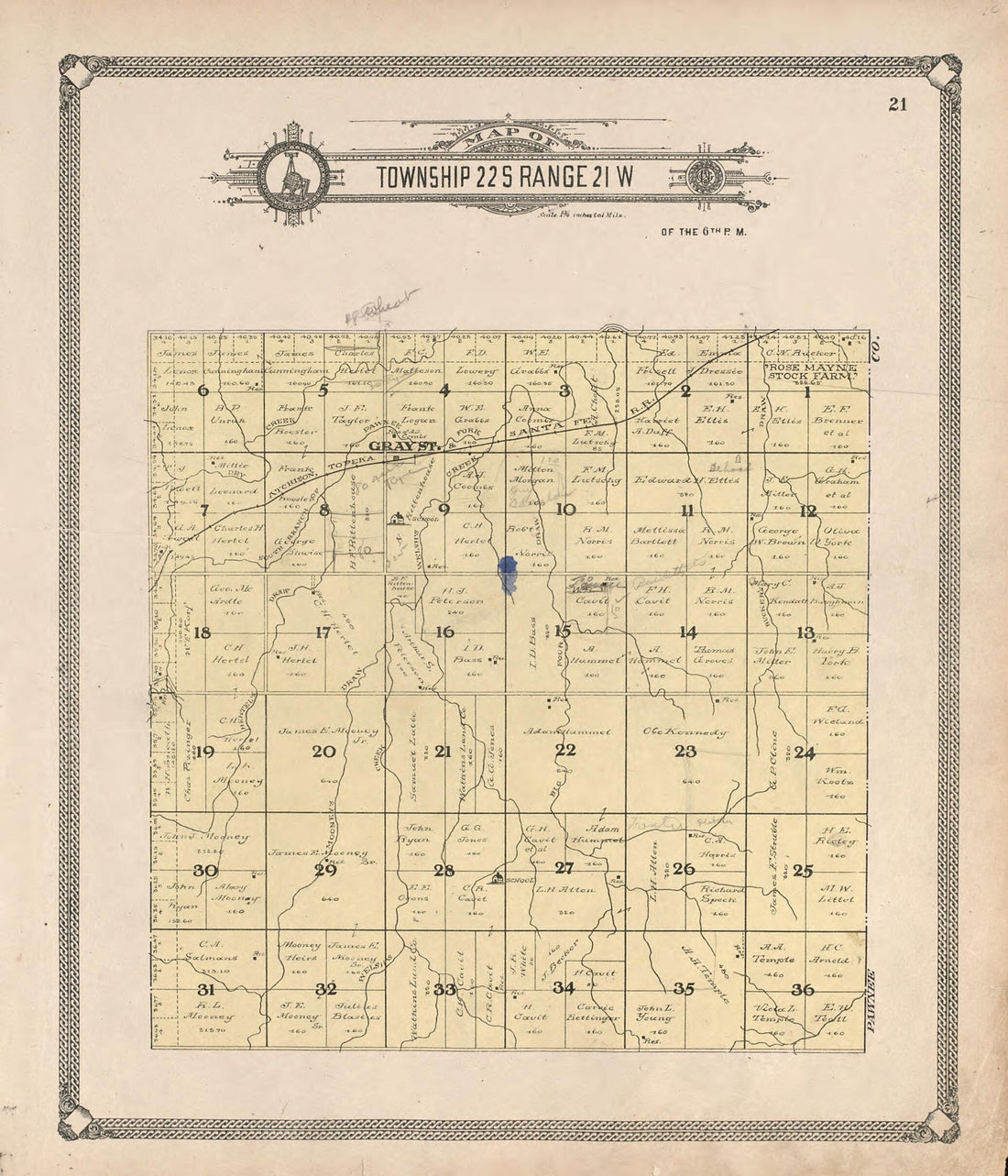 This old map of Map of Township 22 S Range 21 W from Standard Atlas of Hodgeman County, Kansas from 1907 was created by  Geo. A. Ogle &amp; Co in 1907
