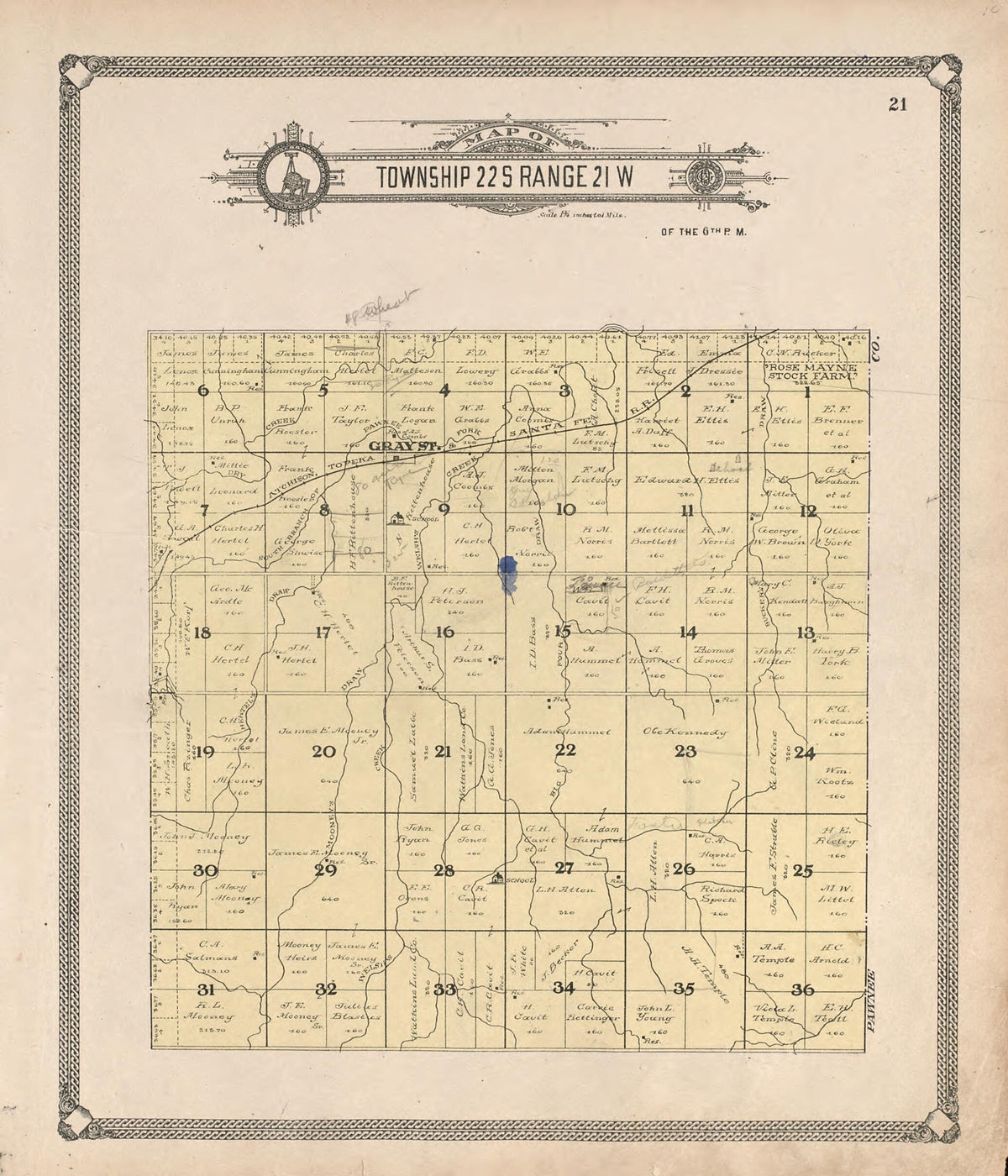 Map of Township 22 S Range 21 W from Standard Atlas of Hodgeman County, Kansas 1907 by Relic Map Company