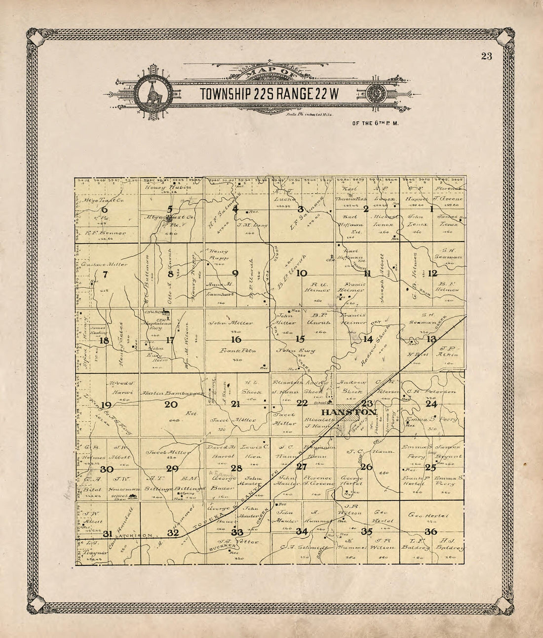 This old map of Map of Township 22 S Range 22 W from Standard Atlas of Hodgeman County, Kansas from 1907 was created by  Geo. A. Ogle &amp; Co in 1907