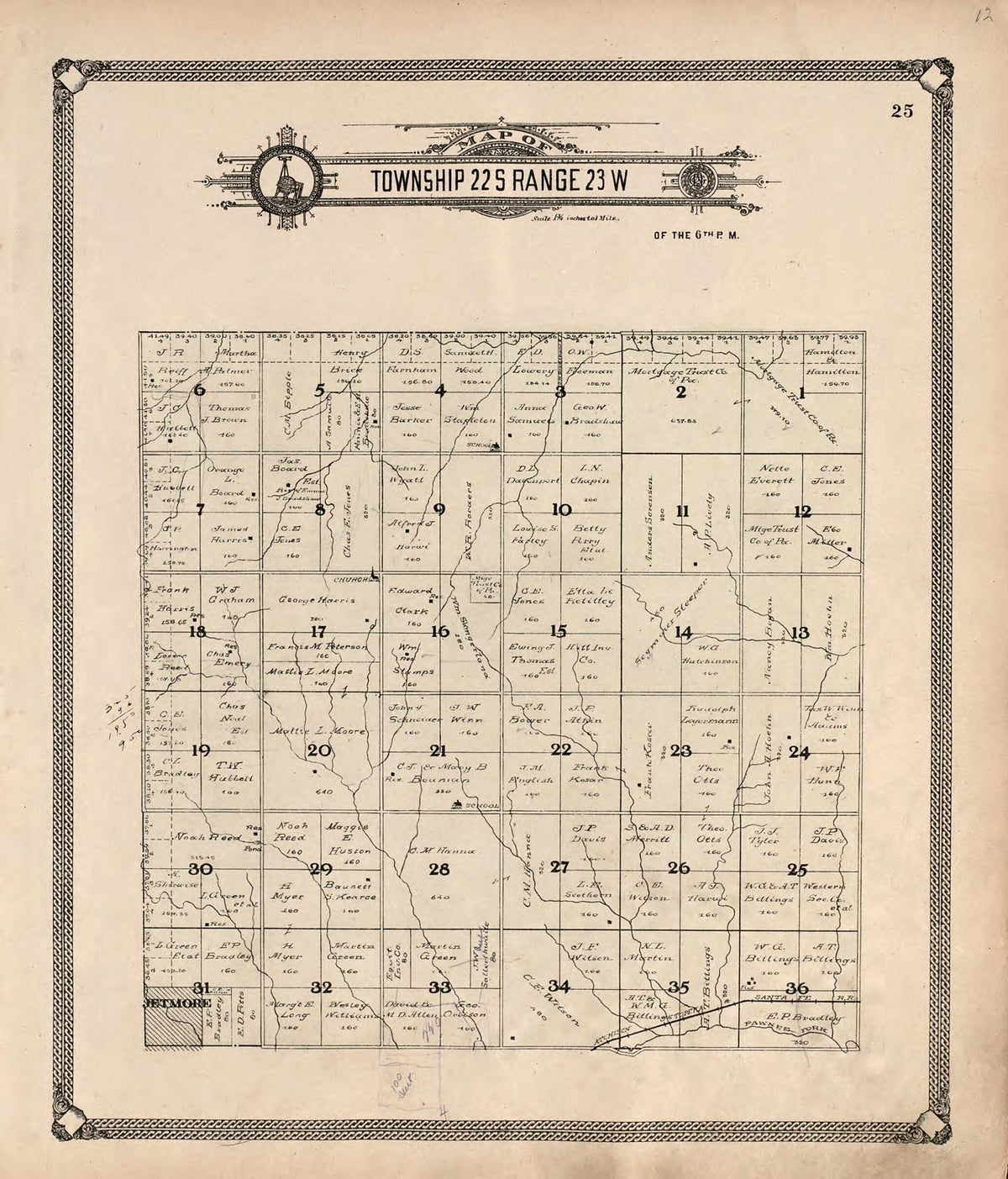 Map of Township 22 S Range 23 W from Standard Atlas of Hodgeman County, Kansas 1907 by Relic Map Company