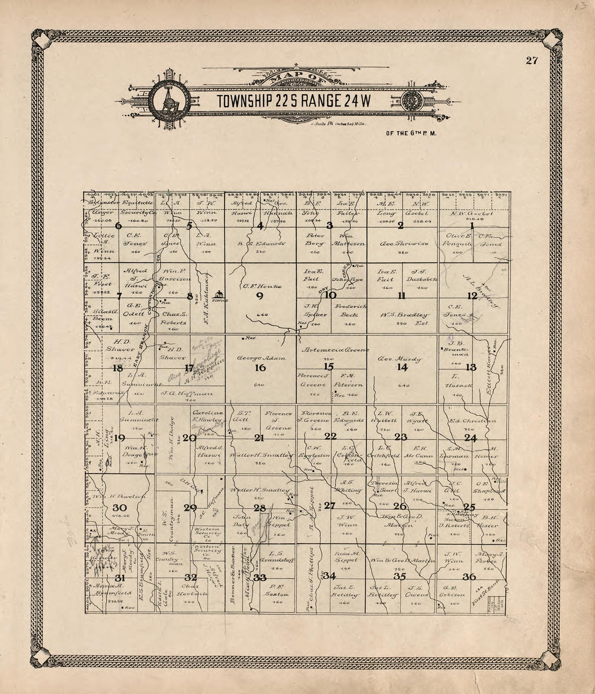 Map of Township 22 S Range 24 W from Standard Atlas of Hodgeman County, Kansas 1907 by Relic Map Company