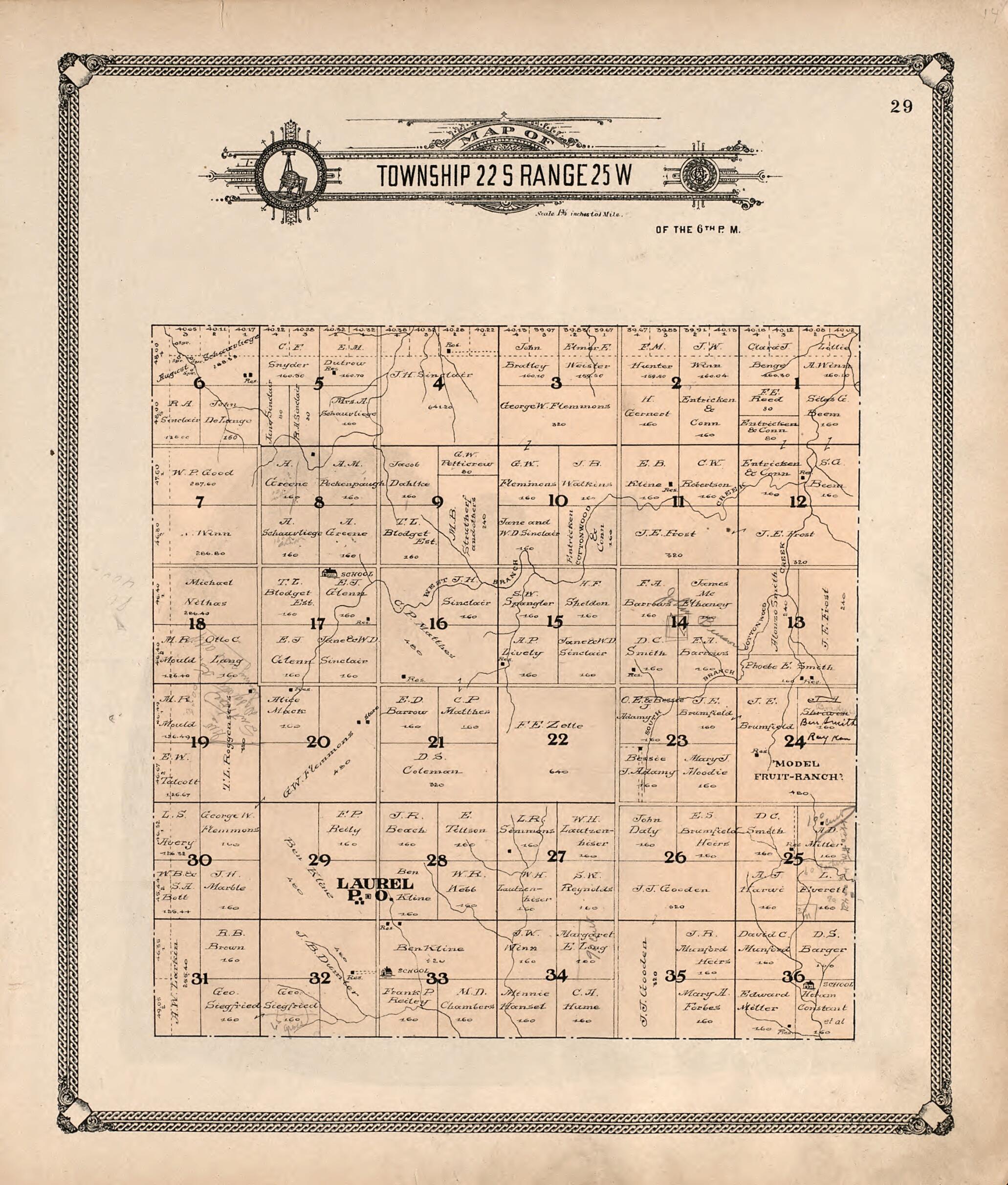 This old map of Map of Township 22 S Range 25 W from Standard Atlas of Hodgeman County, Kansas from 1907 was created by  Geo. A. Ogle &amp; Co in 1907