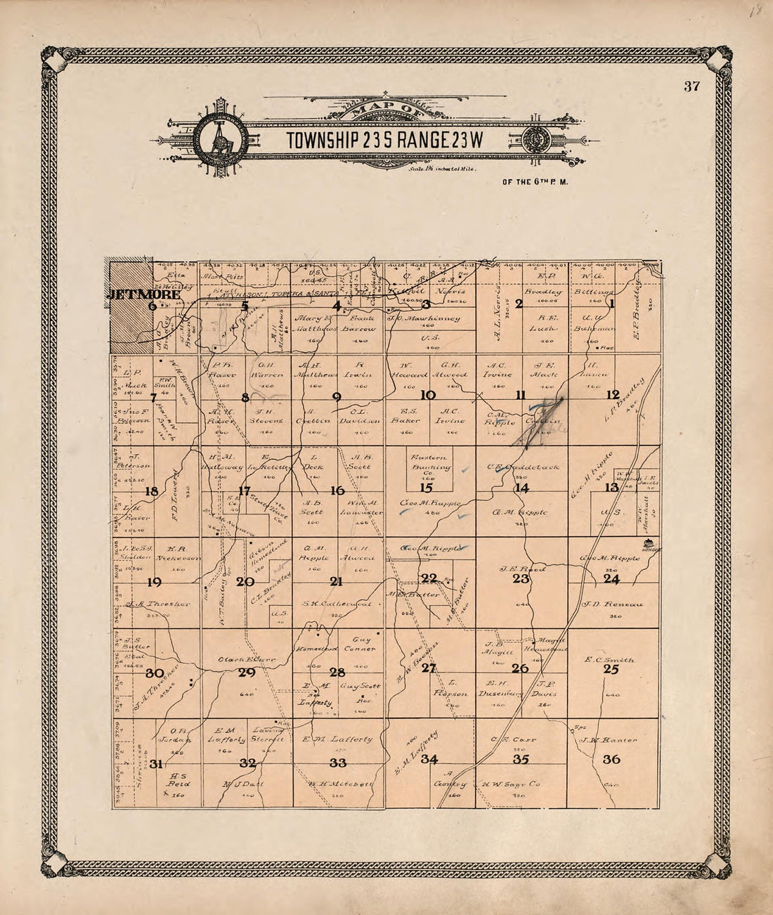 This old map of Map of Township 23 S Range 23 W from Standard Atlas of Hodgeman County, Kansas from 1907 was created by  Geo. A. Ogle &amp; Co in 1907