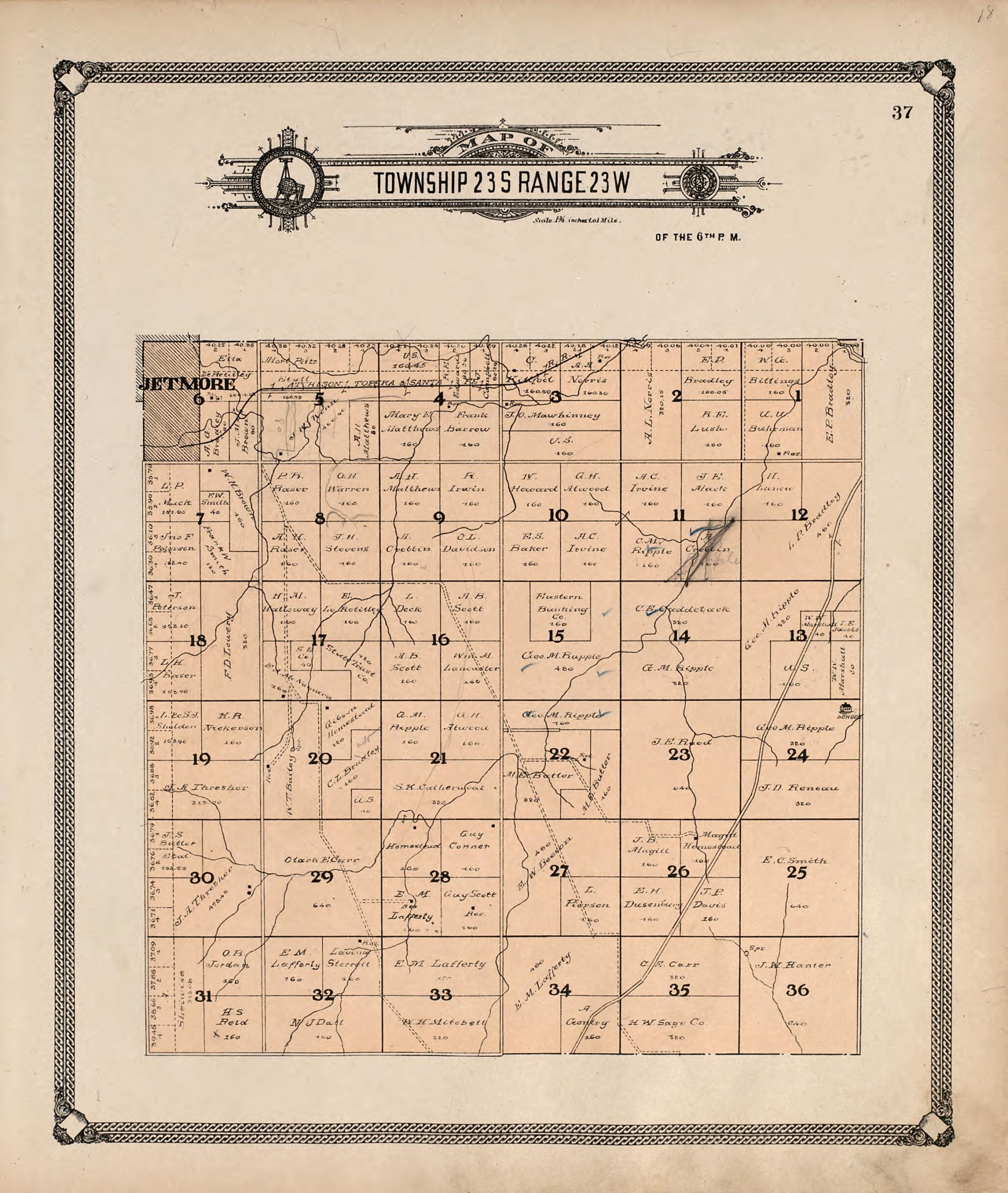 This old map of Map of Township 23 S Range 23 W from Standard Atlas of Hodgeman County, Kansas from 1907 was created by  Geo. A. Ogle &amp; Co in 1907