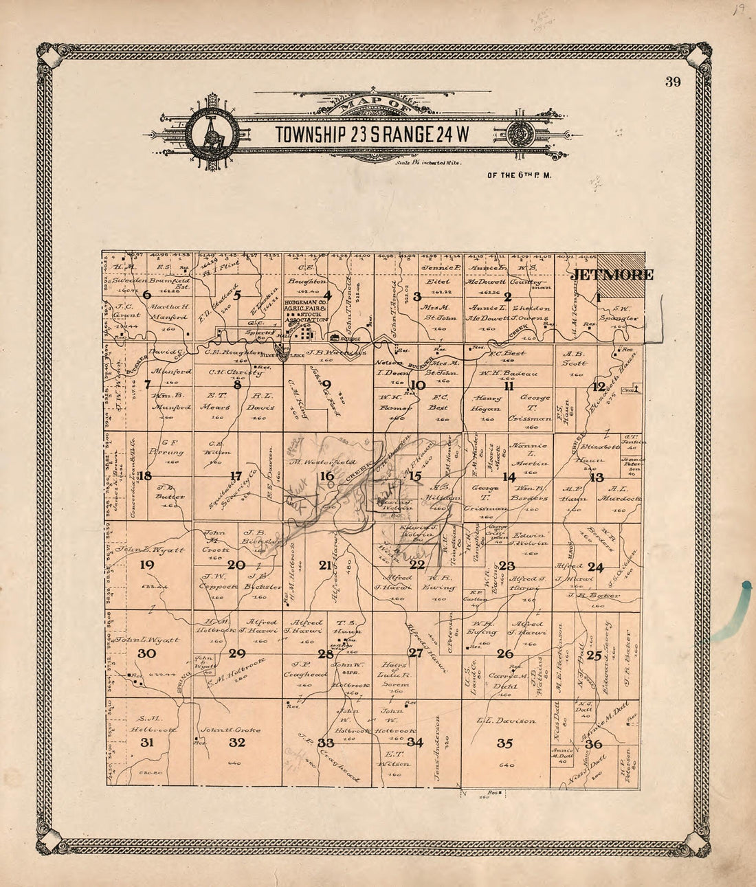 This old map of Map of Township 23 S Range 24 W from Standard Atlas of Hodgeman County, Kansas from 1907 was created by  Geo. A. Ogle &amp; Co in 1907
