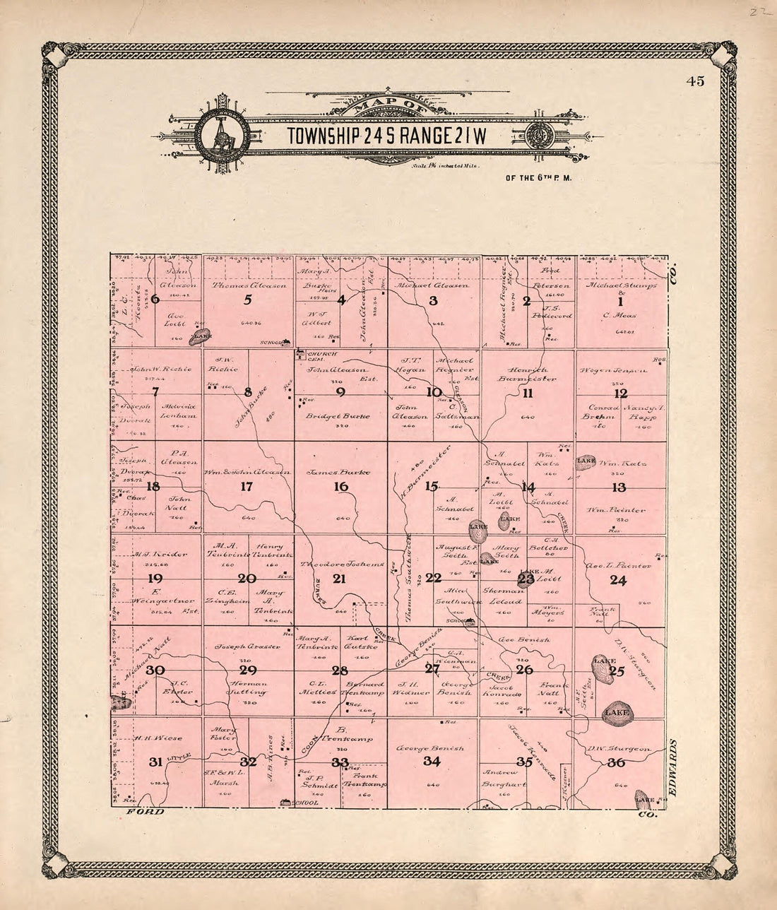 This old map of Map of Township 24 S Range 21 W from Standard Atlas of Hodgeman County, Kansas from 1907 was created by  Geo. A. Ogle &amp; Co in 1907
