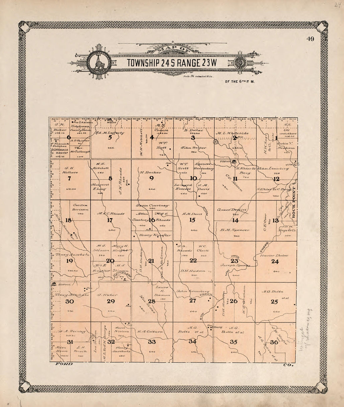 This old map of Map of Township 24 S Range 23 W from Standard Atlas of Hodgeman County, Kansas from 1907 was created by  Geo. A. Ogle &amp; Co in 1907