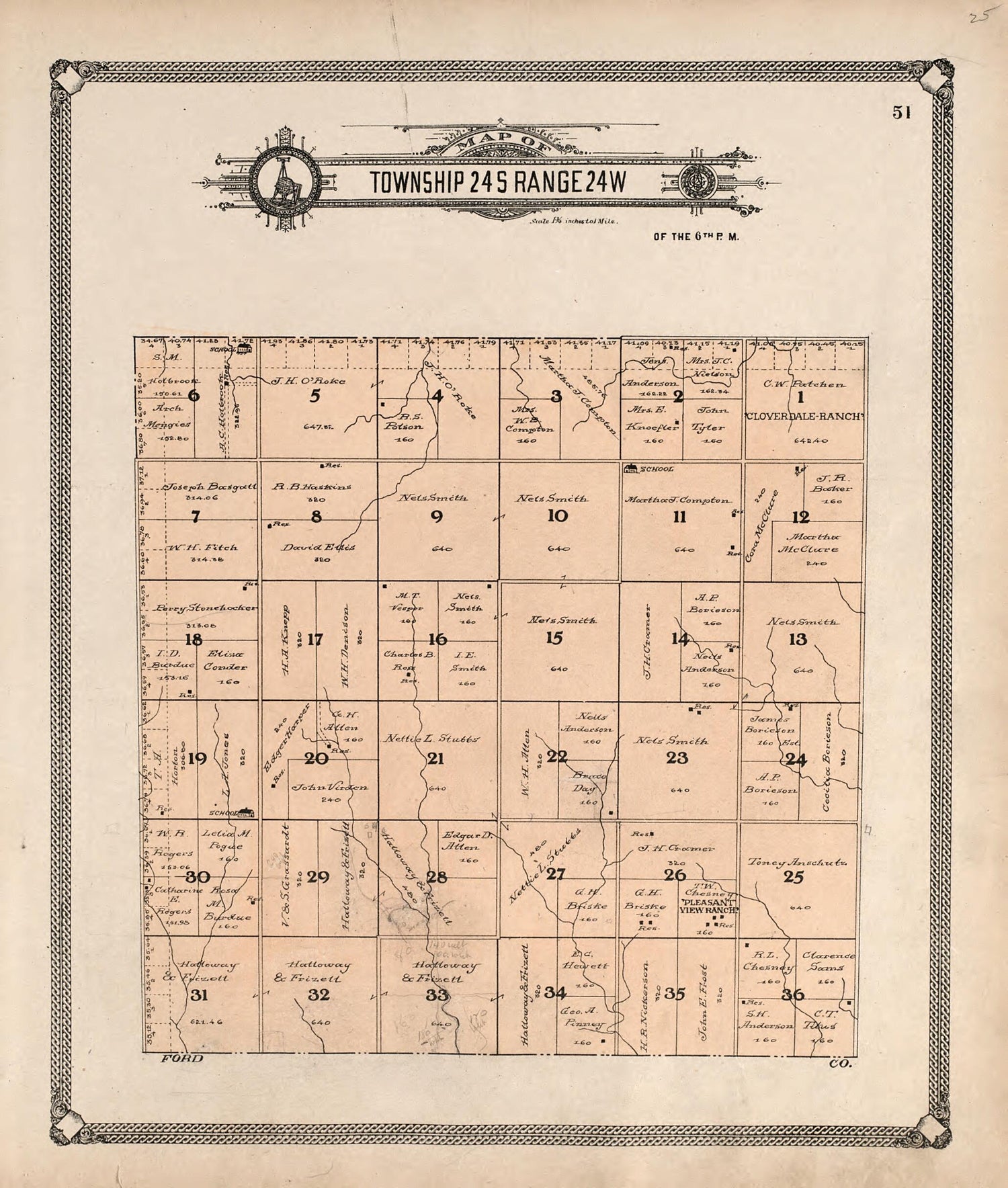 This old map of Map of Township 24 S Range 24 W from Standard Atlas of Hodgeman County, Kansas from 1907 was created by  Geo. A. Ogle &amp; Co in 1907