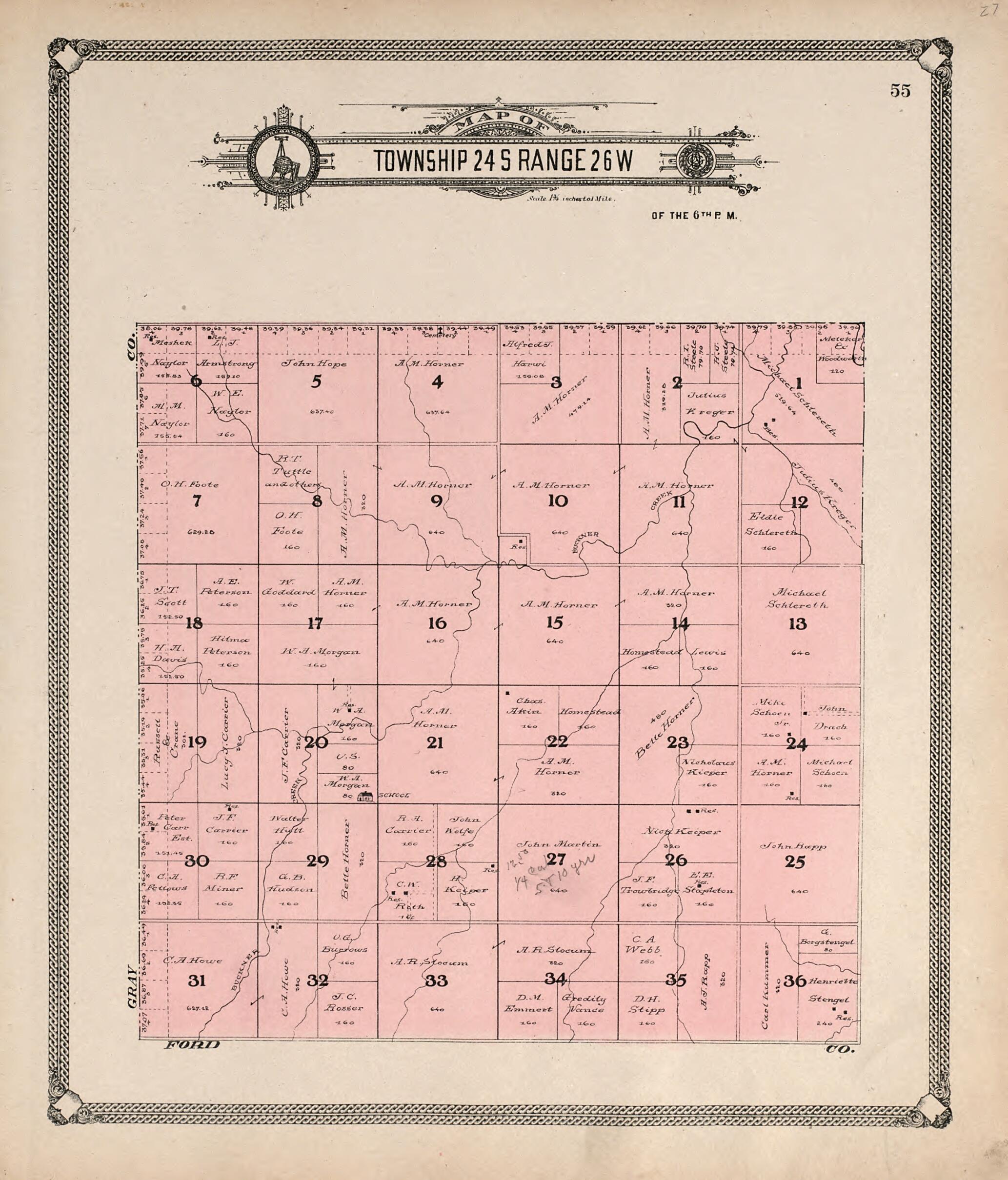 This old map of Map of Township 24 S Range 26 W from Standard Atlas of Hodgeman County, Kansas from 1907 was created by  Geo. A. Ogle &amp; Co in 1907