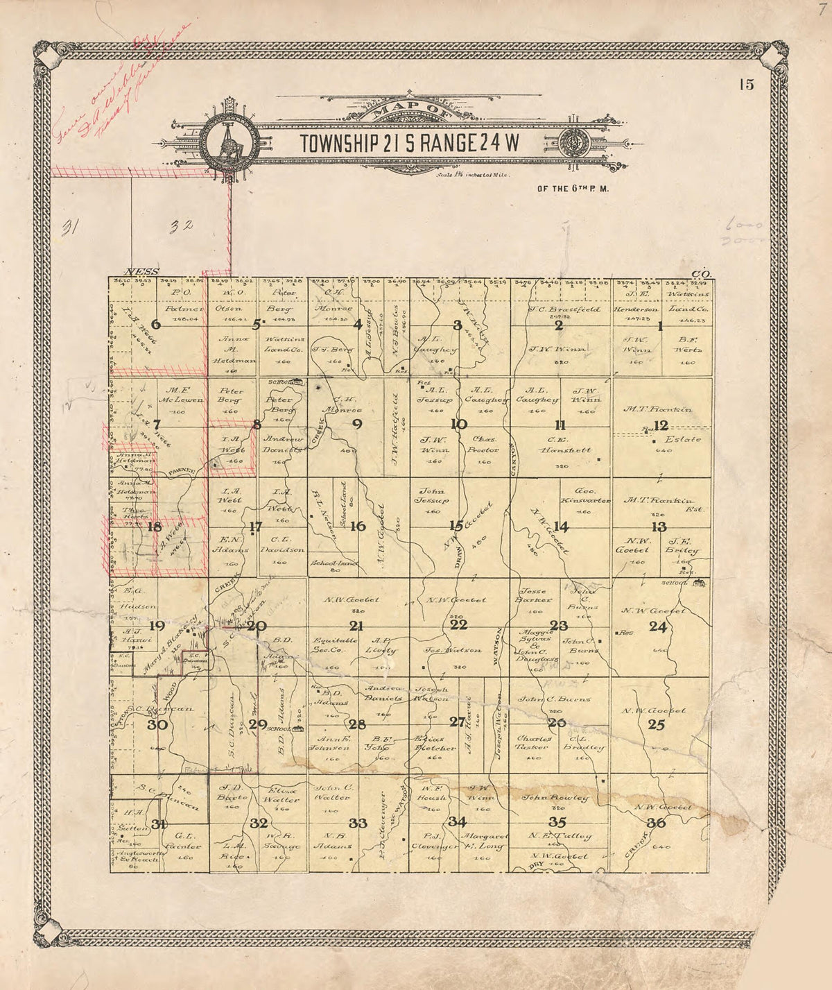 Map of Township 21 S Range 24 W from Standard Atlas of Hodgeman County, Kansas 1907 by Relic Map Company