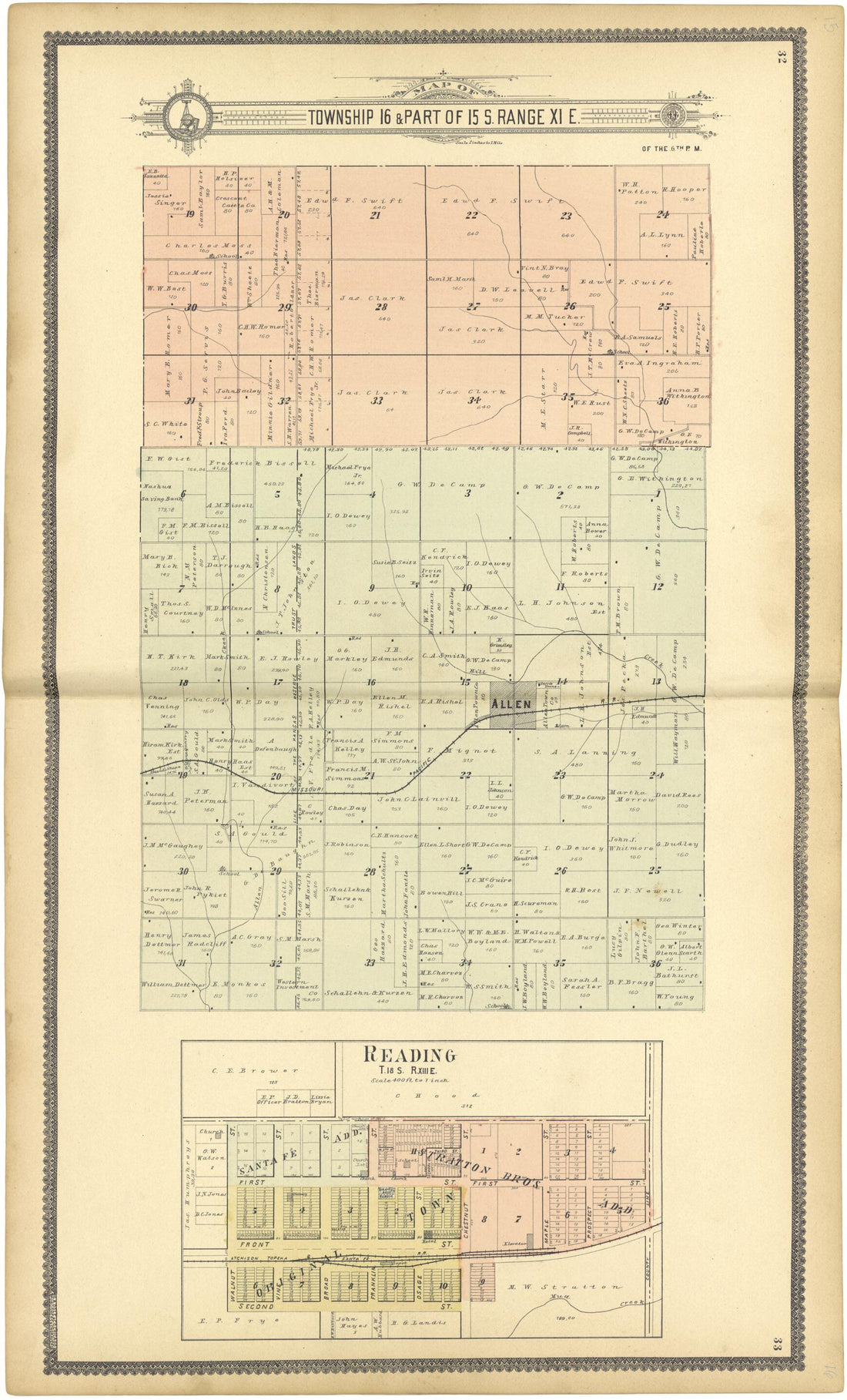 This old map of Map of Township 16 &amp; Part of 15 S. Range XI E. from Standard Atlas of Lyon County, Kansas from 1901 was created by  Geo. A. Ogle &amp; Co in 1901