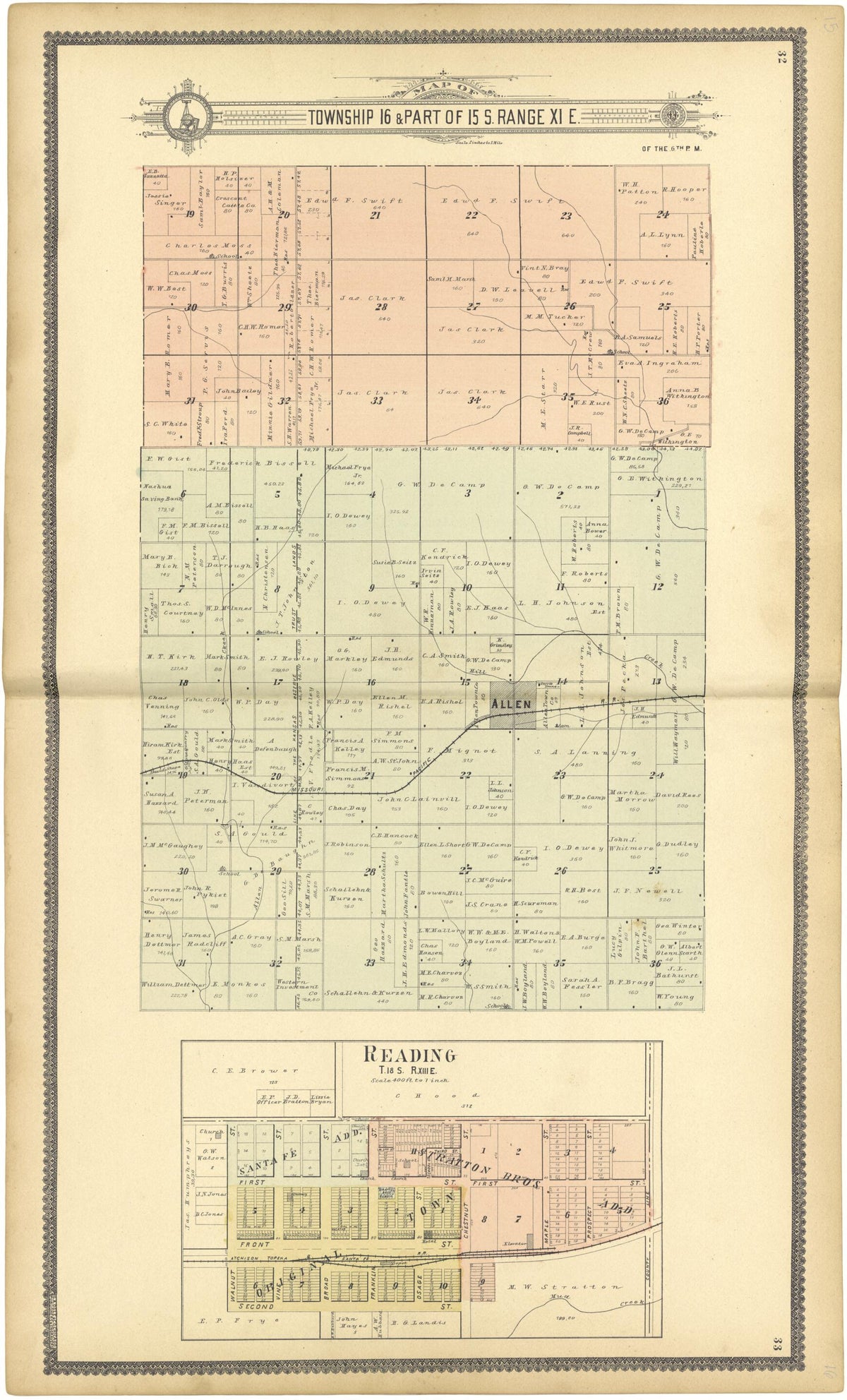 Map of Township 16 &amp; Part of 15 S. Range XI E. from Standard Atlas of Lyon County, Kansas 1901 by Relic Map Company