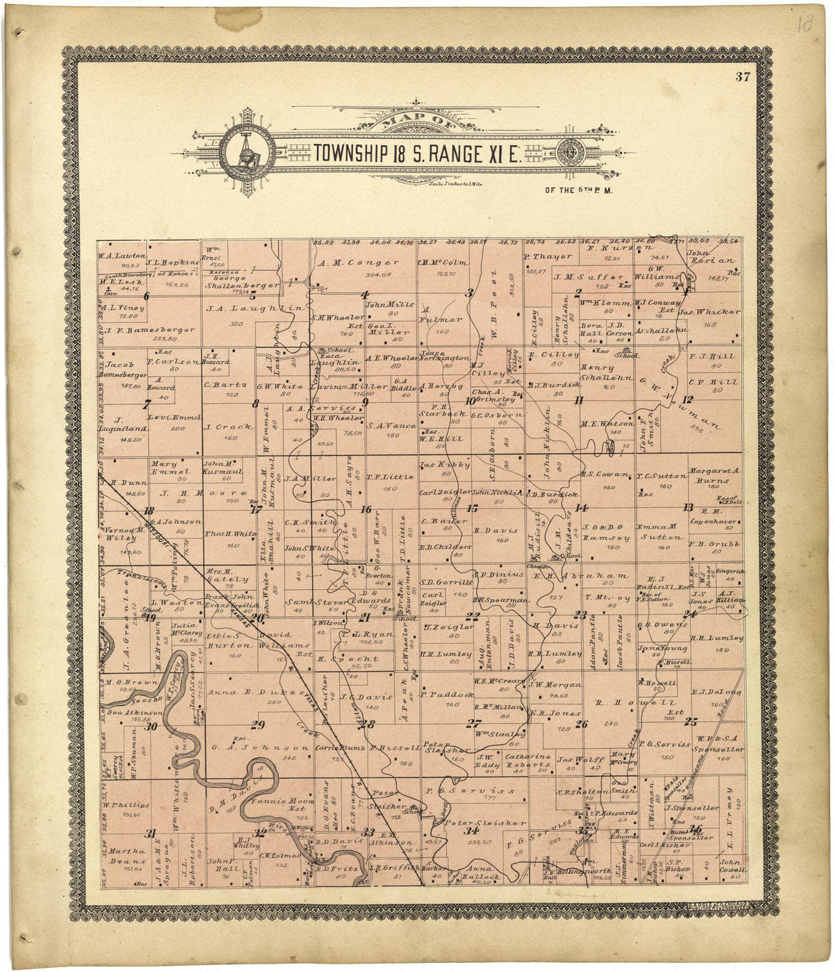 Map of Township 18 S. Range XI E. from Standard Atlas of Lyon County, Kansas 1901 by Relic Map Company