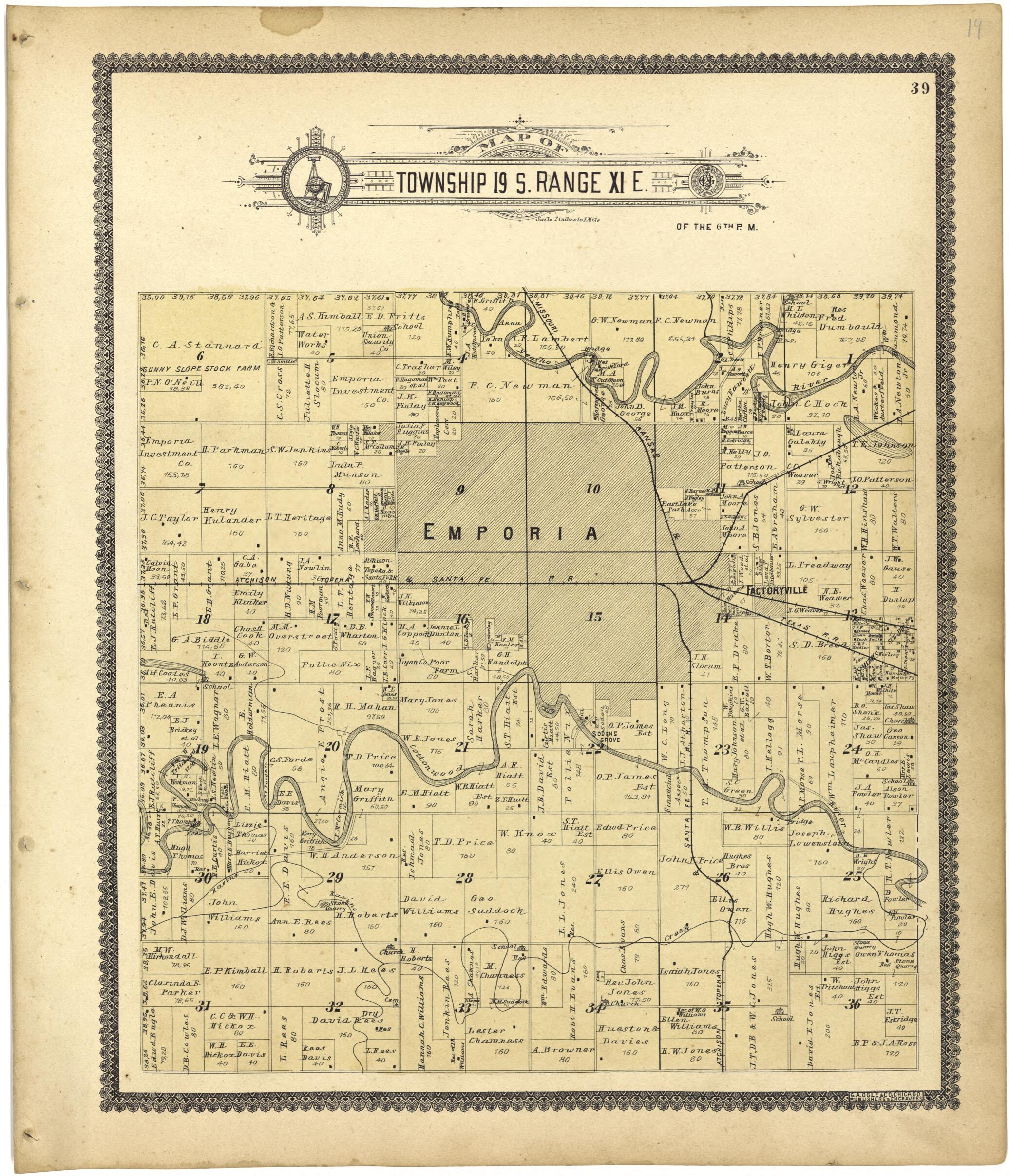 This old map of Map of Township 19 S. Range XI E. from Standard Atlas of Lyon County, Kansas from 1901 was created by  Geo. A. Ogle &amp; Co in 1901