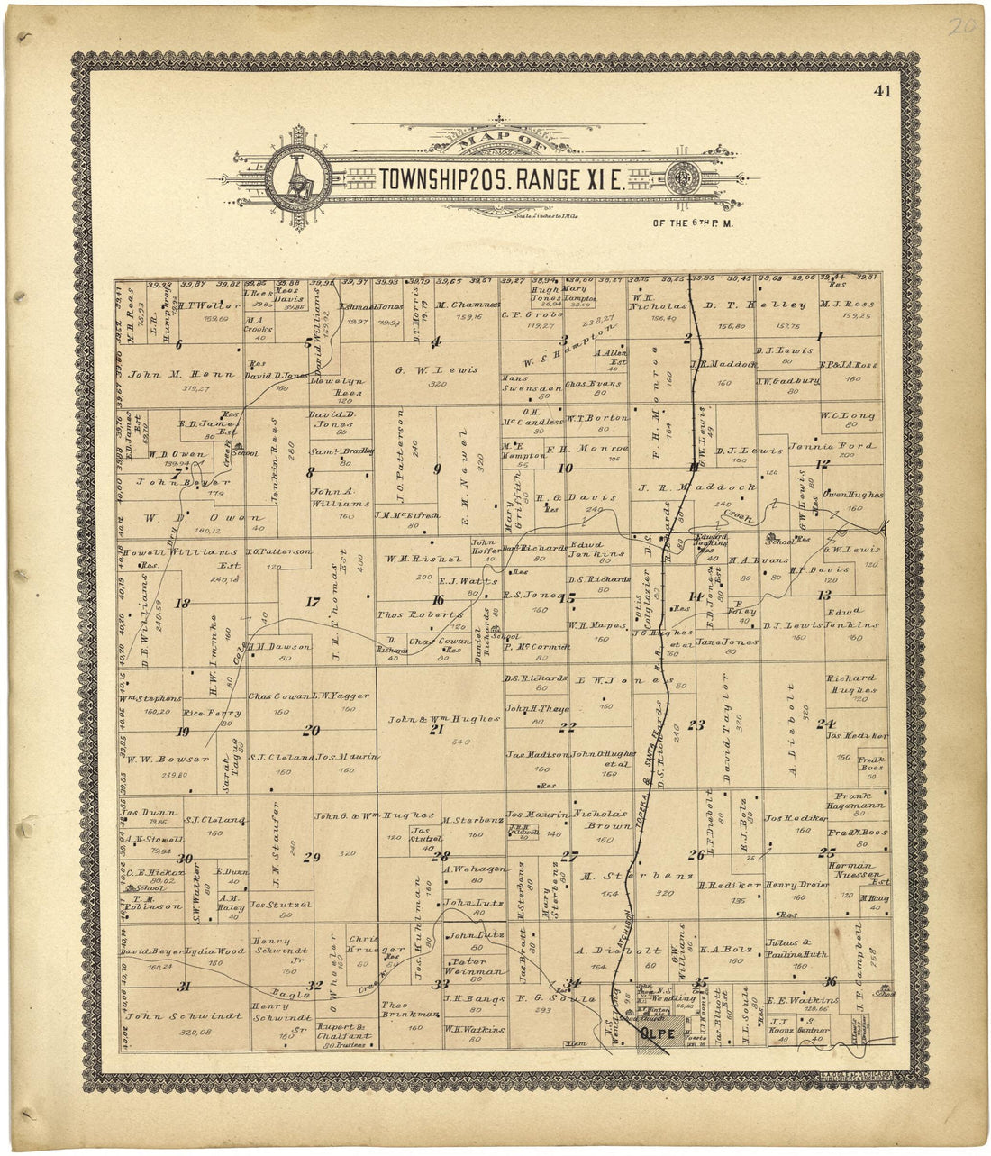 This old map of Map of Township 20 S. Range XI E. from Standard Atlas of Lyon County, Kansas from 1901 was created by  Geo. A. Ogle &amp; Co in 1901
