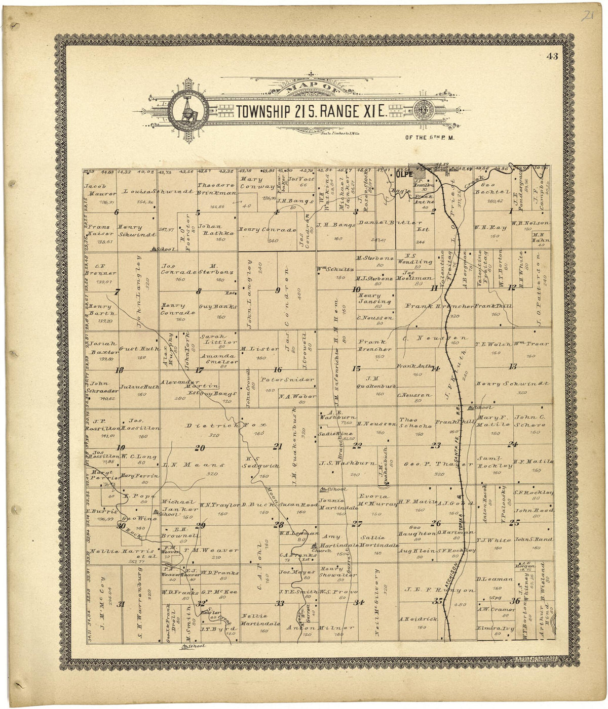 Map of Township 21 S. Range XI E. from Standard Atlas of Lyon County, Kansas 1901 by Relic Map Company
