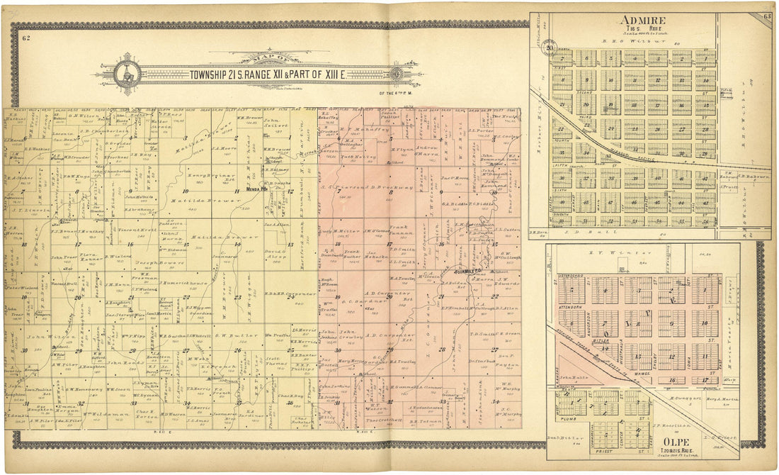 This old map of Map of Township 21 S. Range XII &amp; Part of XIII E. from Standard Atlas of Lyon County, Kansas from 1901 was created by  Geo. A. Ogle &amp; Co in 1901